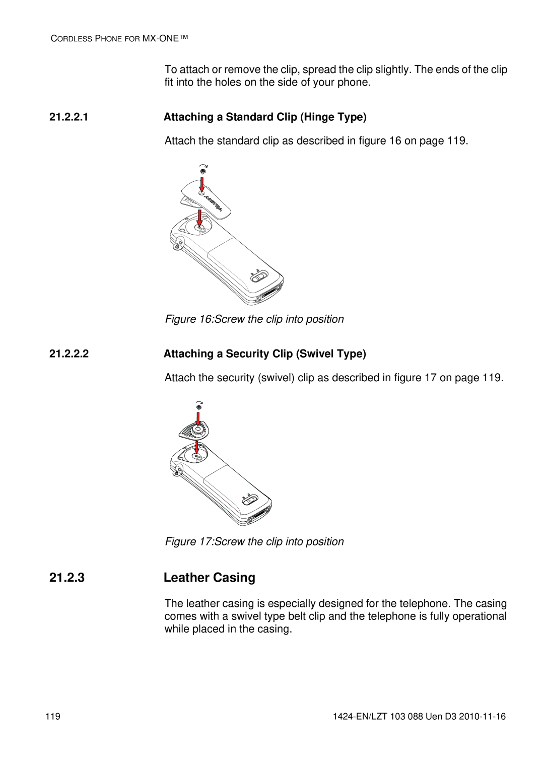 Aastra Telecom DT690 manual Leather Casing, Attaching a Standard Clip Hinge Type, Attaching a Security Clip Swivel Type 