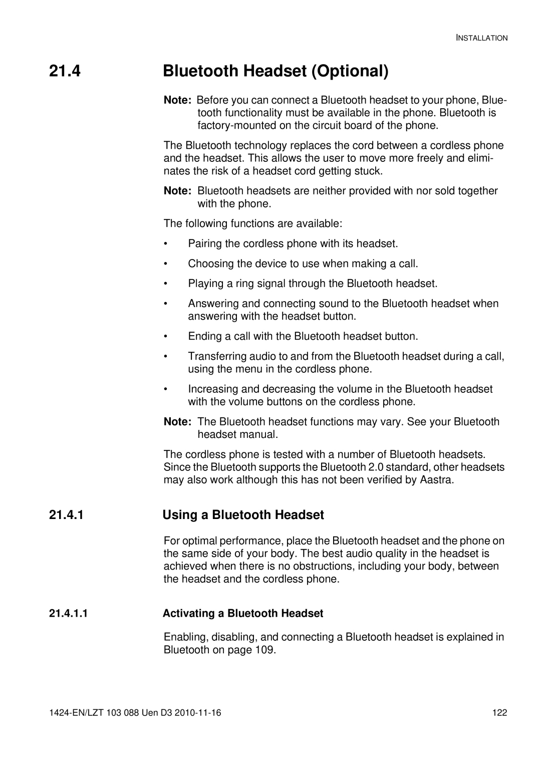 Aastra Telecom DT690 manual 21.4, Bluetooth Headset Optional, Using a Bluetooth Headset, Activating a Bluetooth Headset 