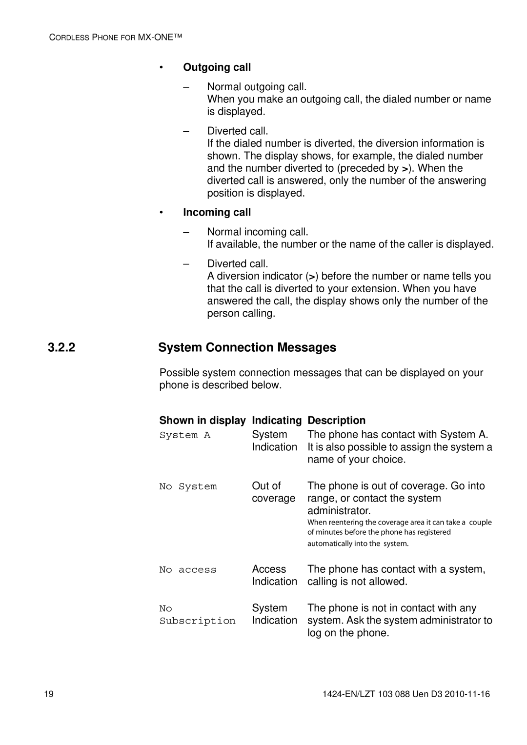 Aastra Telecom DT690 System Connection Messages, Outgoing call, Incoming call, Shown in display Indicating Description 