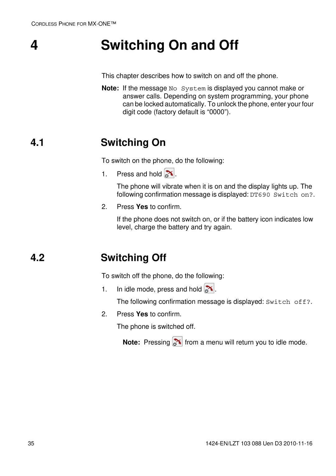 Aastra Telecom DT690 manual Switching On and Off, Switching Off 