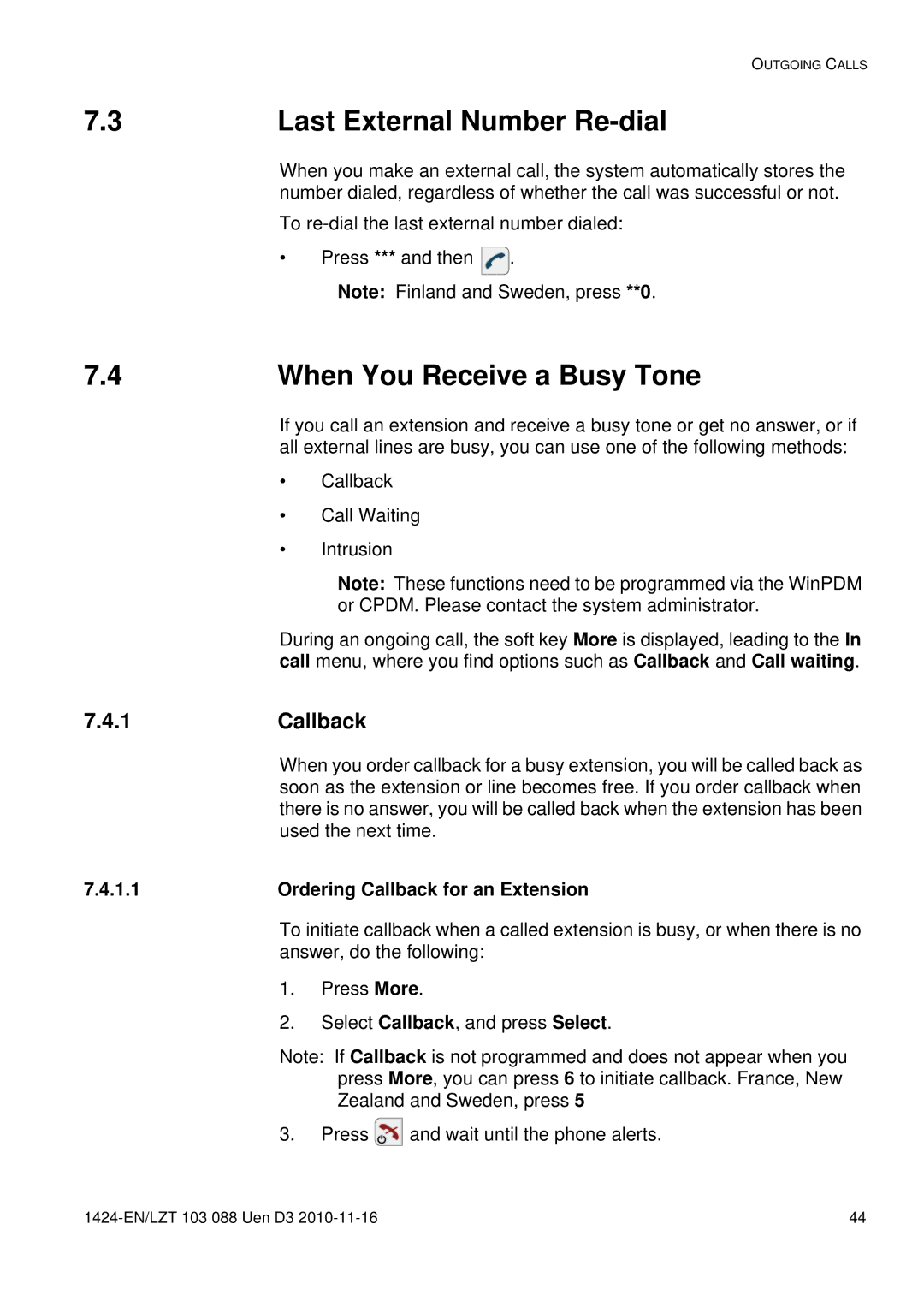 Aastra Telecom DT690 manual Last External Number Re-dial, When You Receive a Busy Tone, 1Callback 