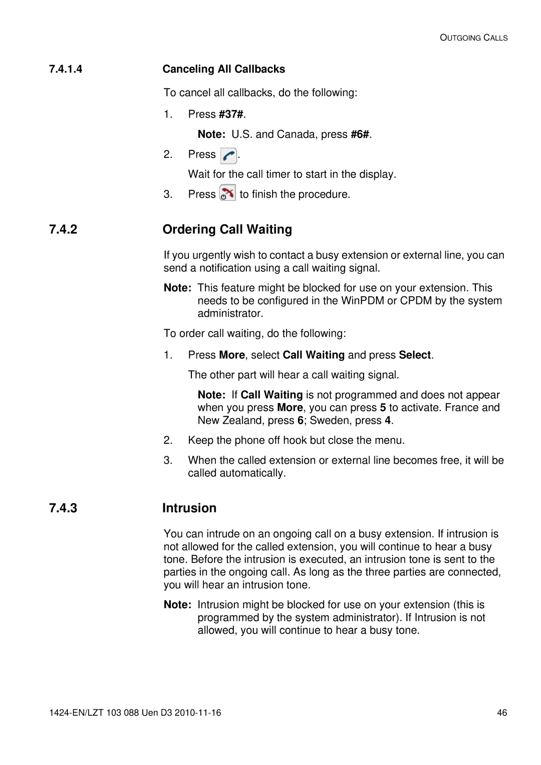 Aastra Telecom DT690 manual 3Intrusion, Ordering Call Waiting, Canceling All Callbacks 