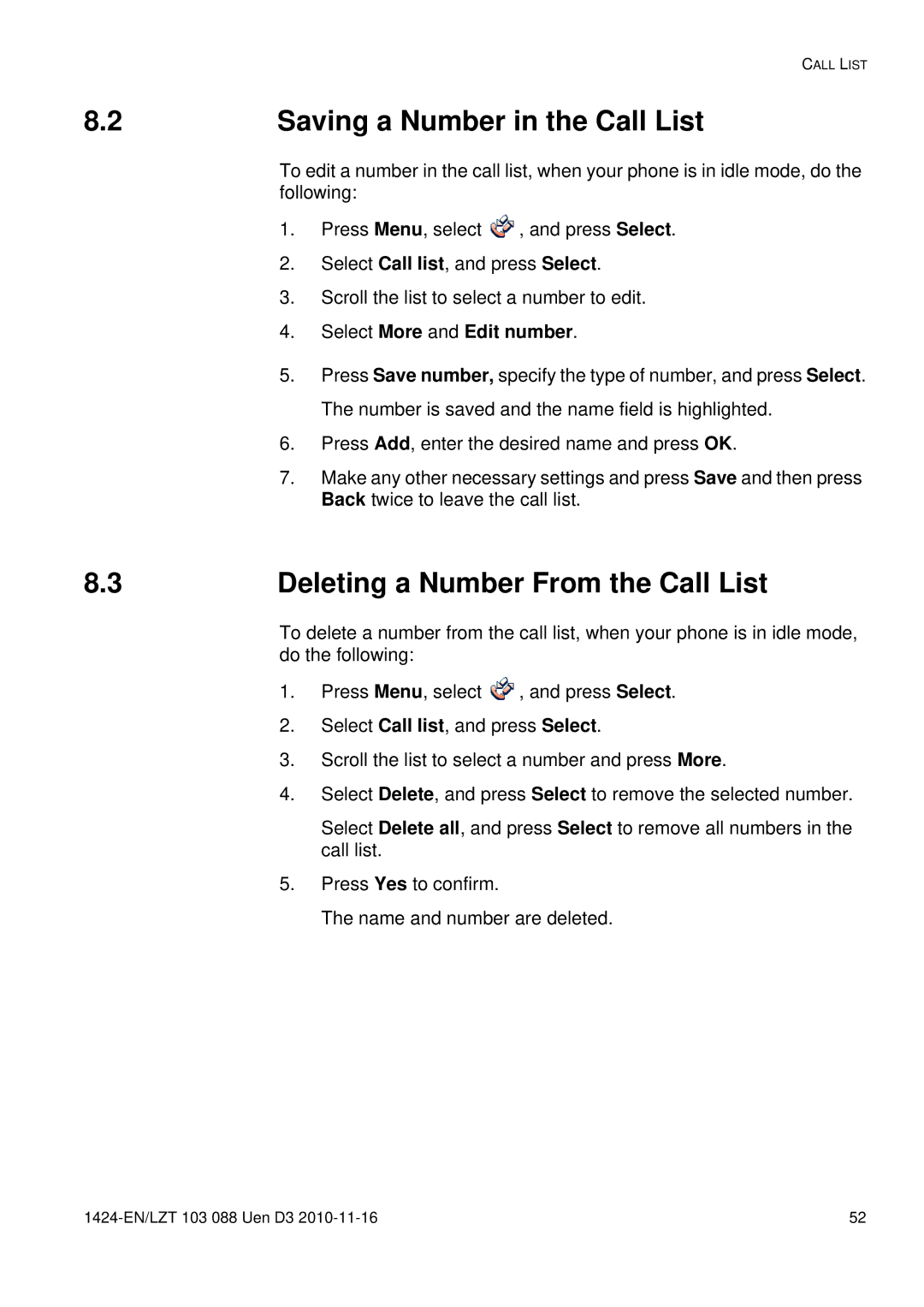 Aastra Telecom DT690 Saving a Number in the Call List, Deleting a Number From the Call List, Select More and Edit number 