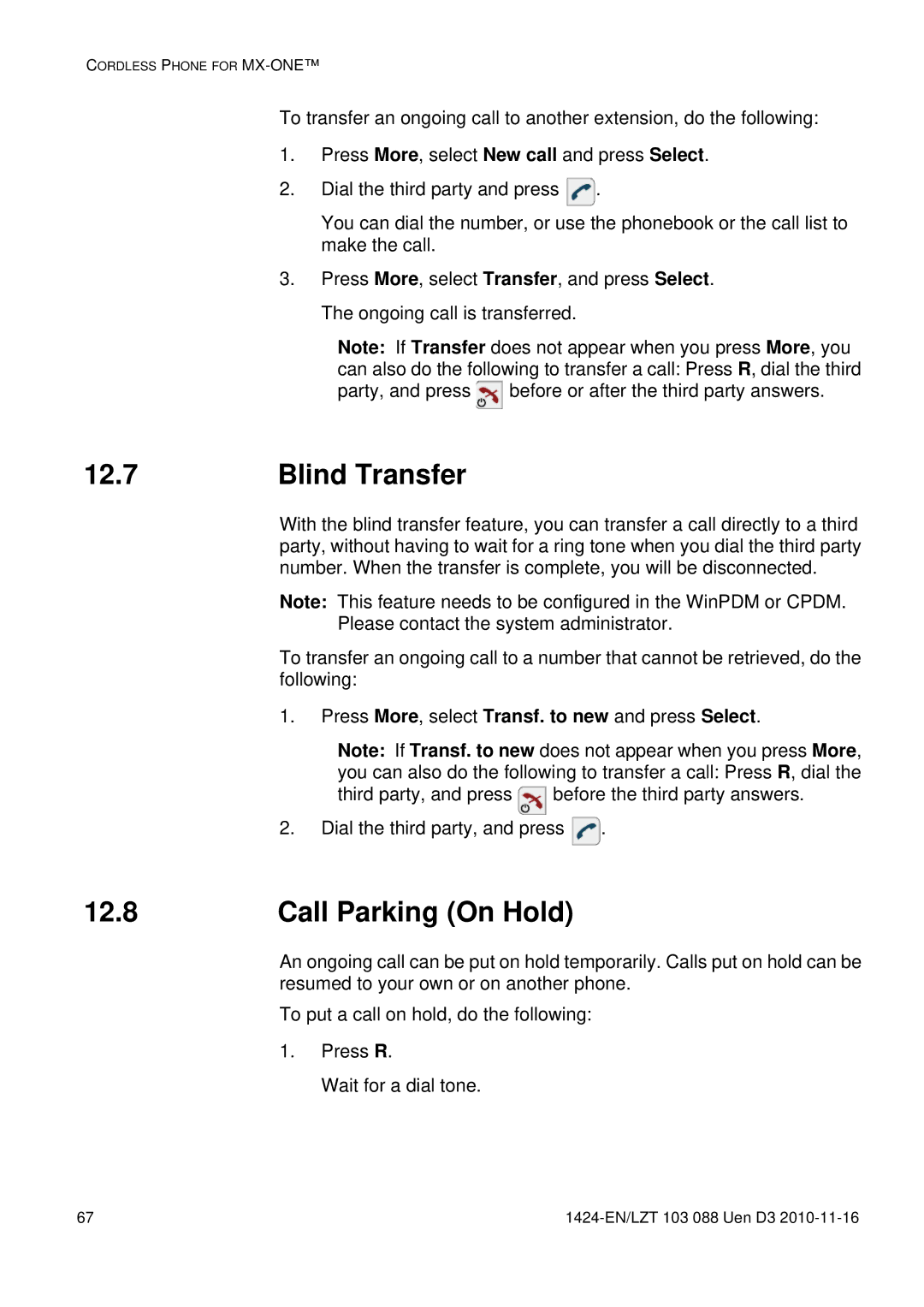 Aastra Telecom DT690 manual Blind Transfer, 12.8, Call Parking On Hold 