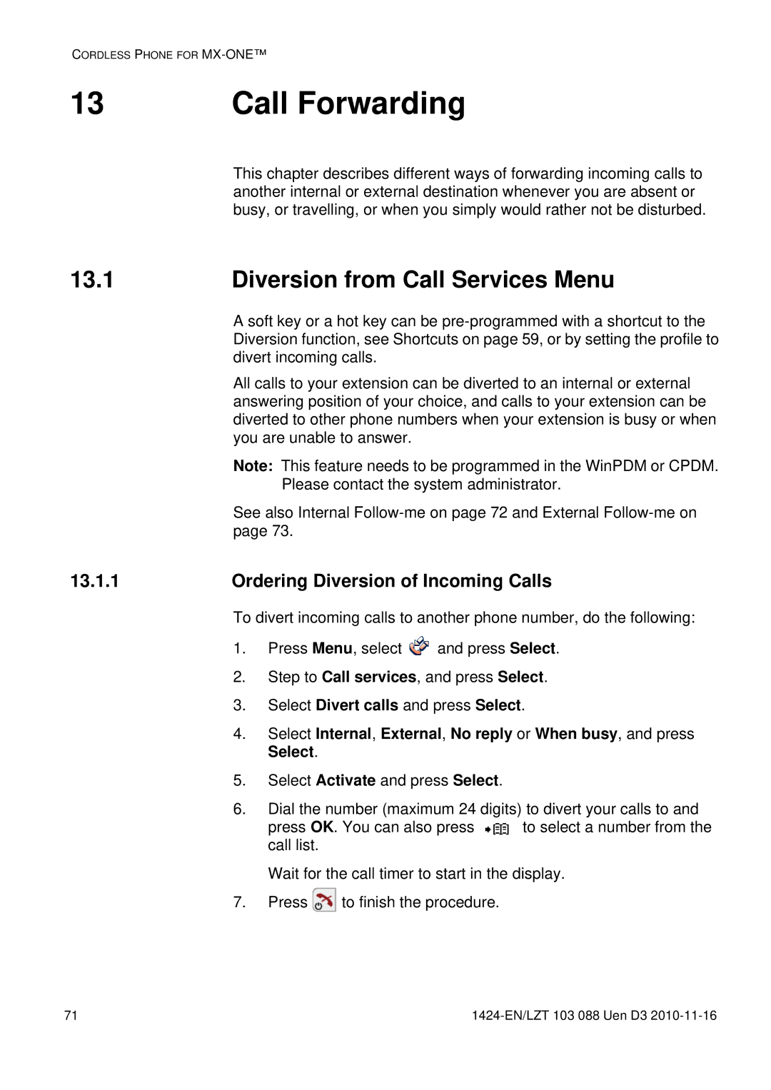 Aastra Telecom DT690 manual Diversion from Call Services Menu, Ordering Diversion of Incoming Calls 