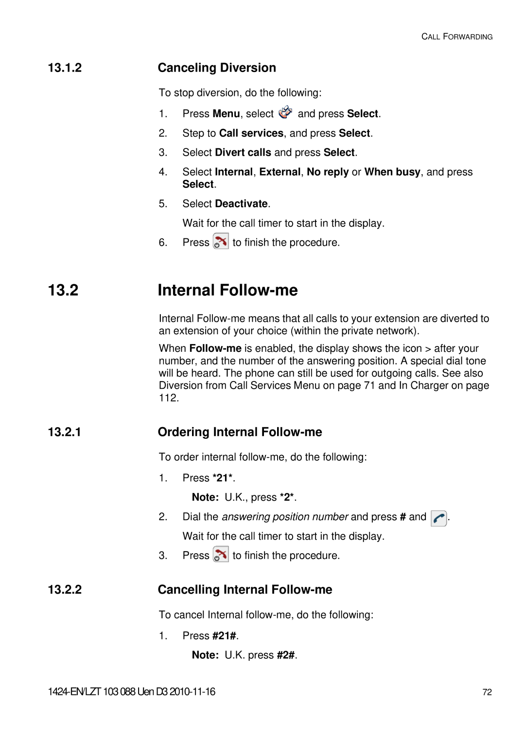 Aastra Telecom DT690 manual 13.2, Canceling Diversion, Ordering Internal Follow-me, Cancelling Internal Follow-me 