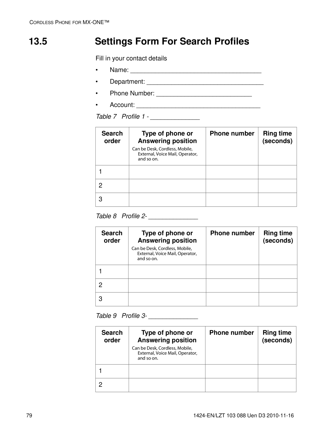 Aastra Telecom DT690 manual 13.5, Settings Form For Search Profiles, Search Type of phone or Phone number Ring time 