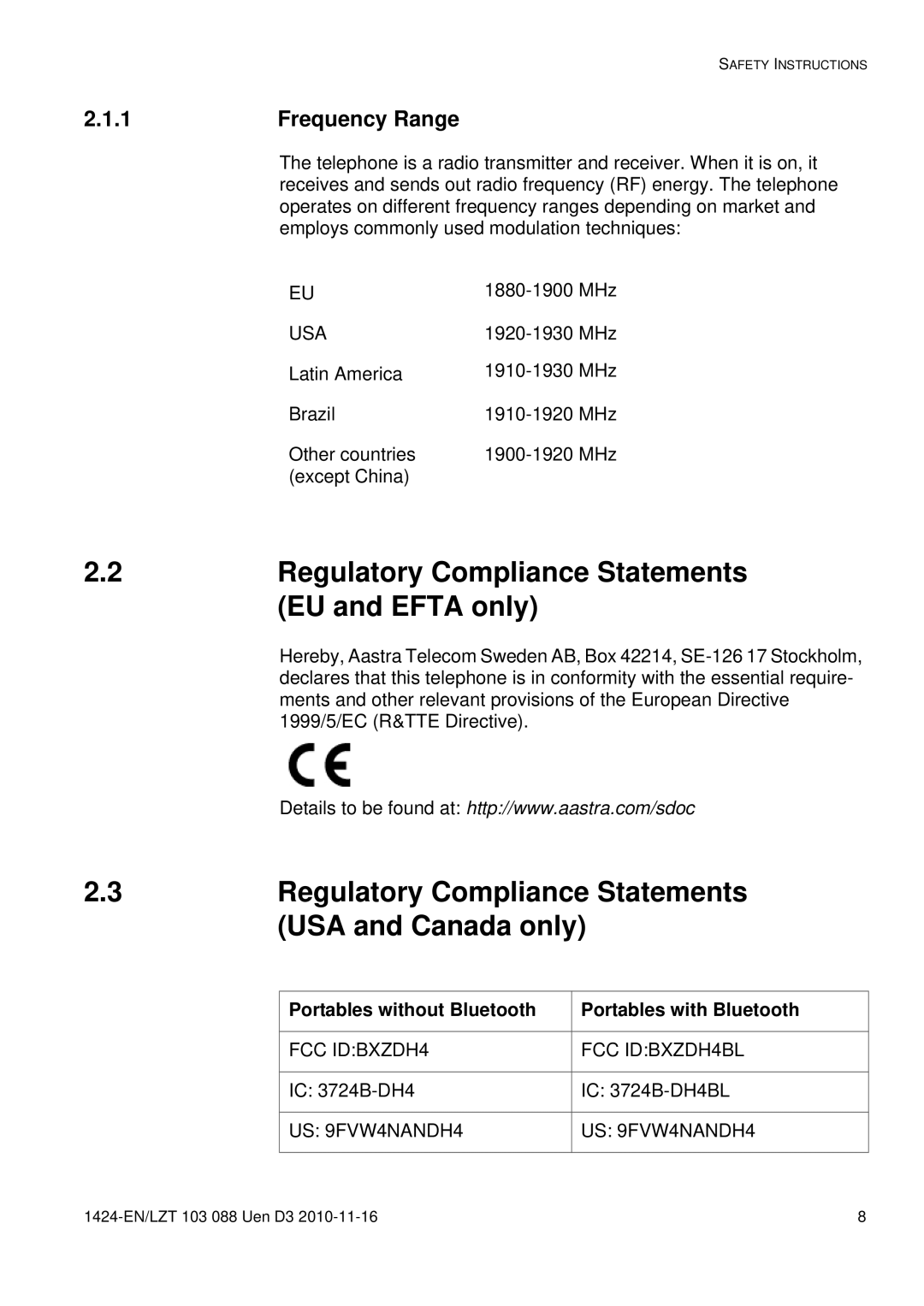 Aastra Telecom DT690 manual Regulatory Compliance Statements, EU and Efta only, USA and Canada only, Frequency Range 