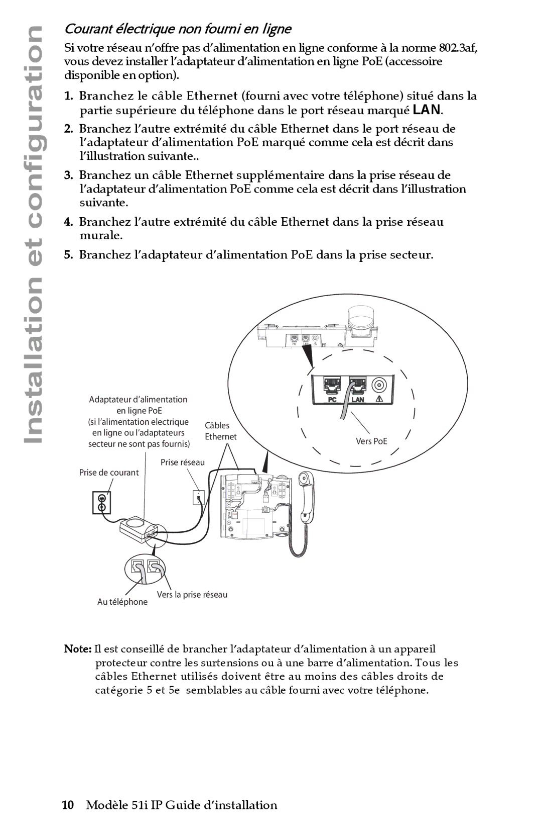 Aastra Telecom IP 51I manual Installation et configuration, Courant électrique non fourni en ligne 