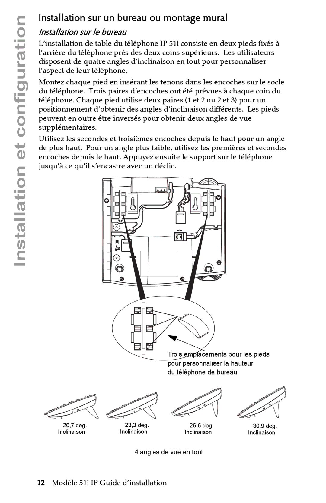 Aastra Telecom IP 51I manual Installation sur un bureau ou montage mural, Installation sur le bureau 