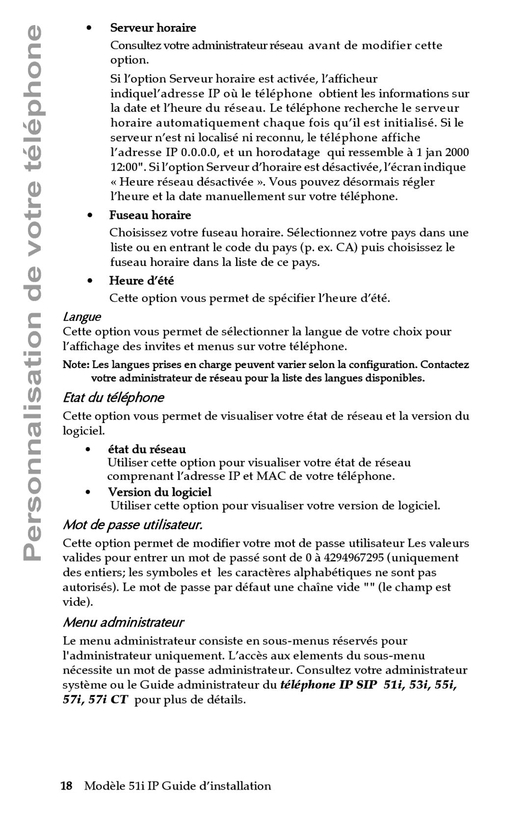 Aastra Telecom IP 51I manual Etat du téléphone, Mot de passe utilisateur, Menu administrateur 