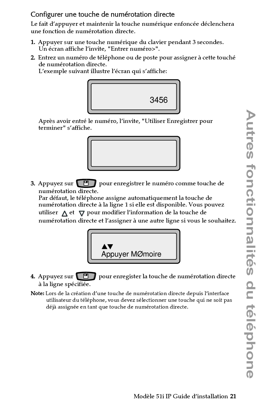 Aastra Telecom IP 51I manual Appuyer Mémoire, Configurer une touche de numérotation directe 