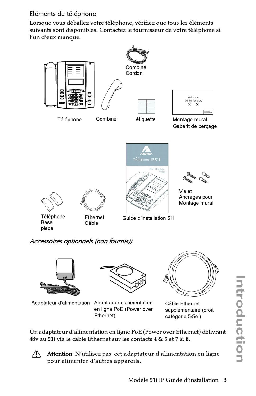 Aastra Telecom IP 51I manual Eléments du téléphone, Accessoires optionnels non fournis 