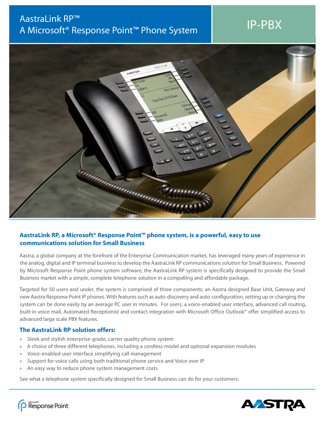 Aastra Telecom IP-PBX manual Ip-Pbx, AastraLink RP Microsoft Response Point Phone System, AastraLink RP solution offers 