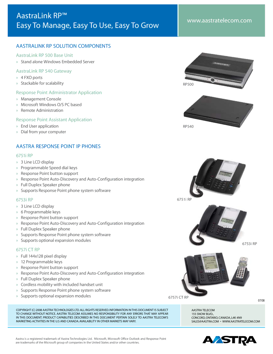 Aastra Telecom IP-PBX manual AastraLink RP Easy To Manage, Easy To Use, Easy To Grow, AastraLink RP Solution Components 