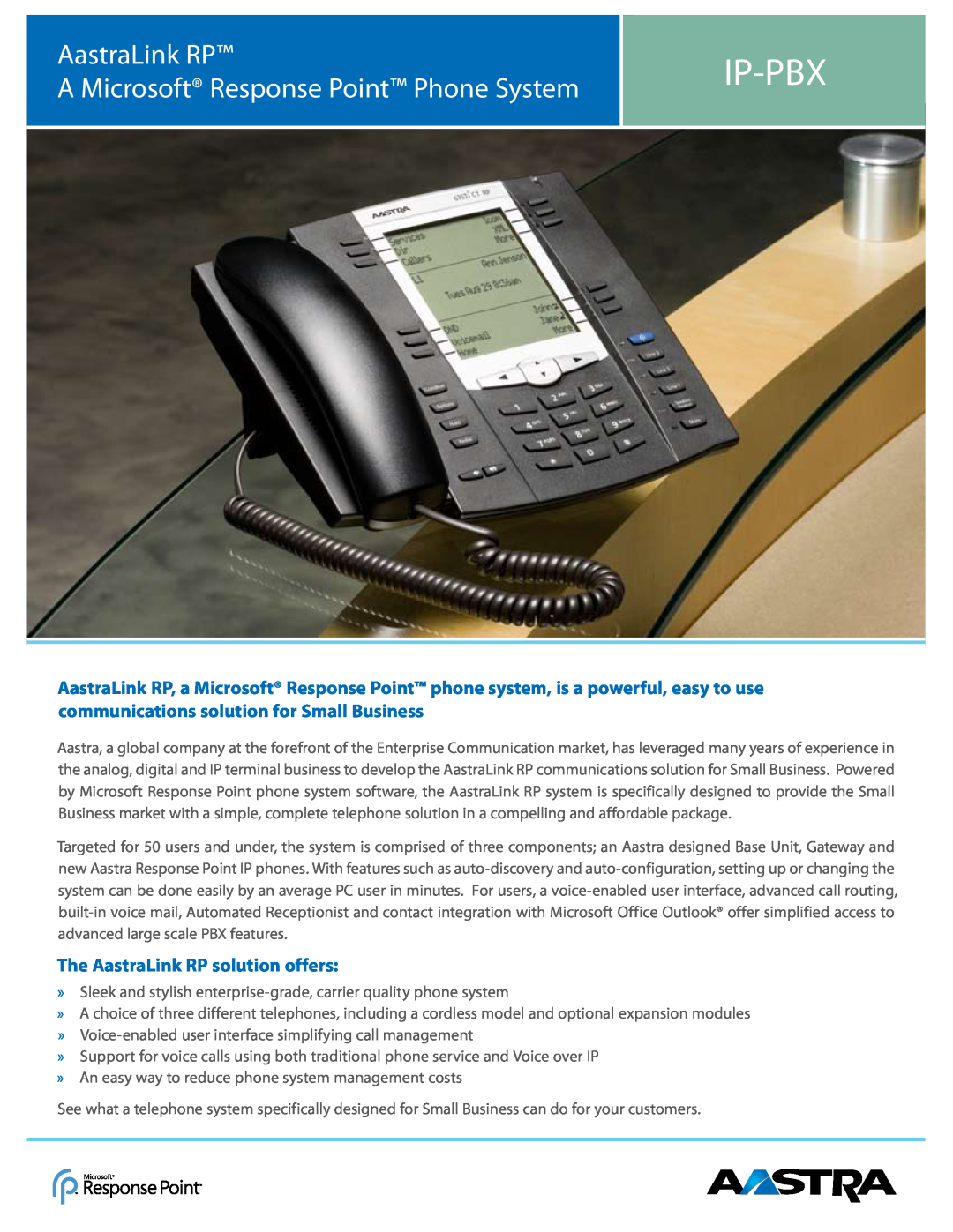 Aastra Telecom IP-PBX manual AastraLink RP A Microsoft Response Point Phone System, Ip-Pbx 