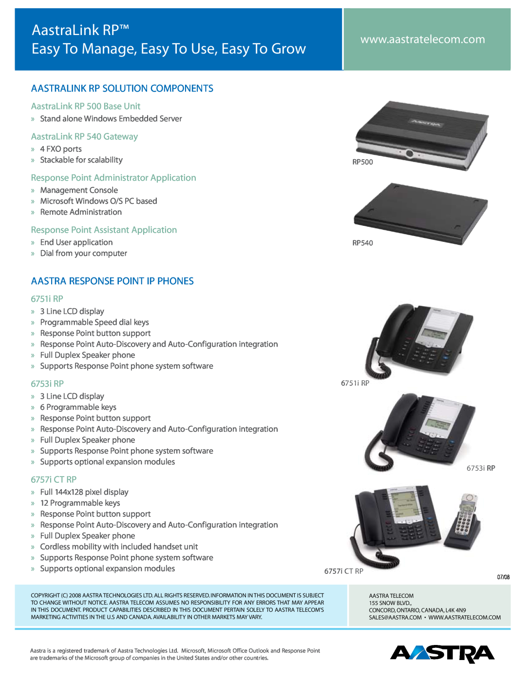 Aastra Telecom IP-PBX AastraLink RP Easy To Manage, Easy To Use, Easy To Grow, AastraLink RP Solution Components, 6751i RP 