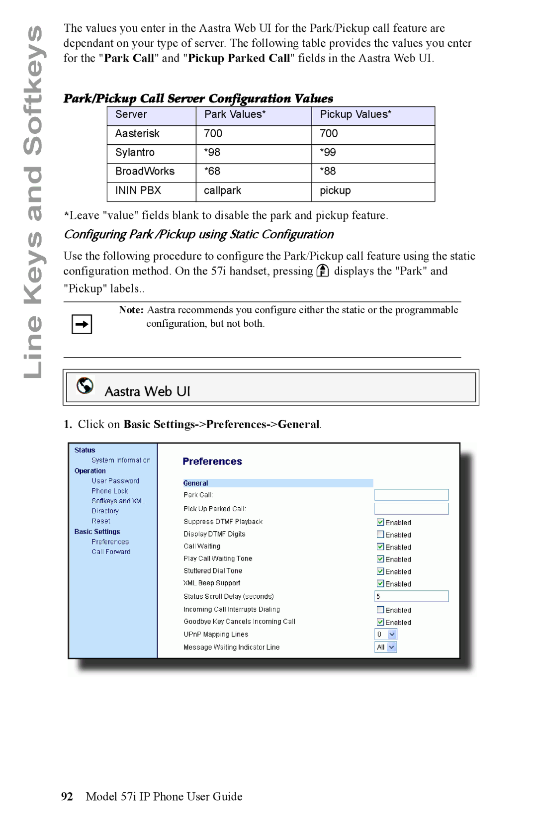 Aastra Telecom IP Phone Park/Pickup Call Server Configuration Values, Configuring Park /Pickup using Static Configuration 