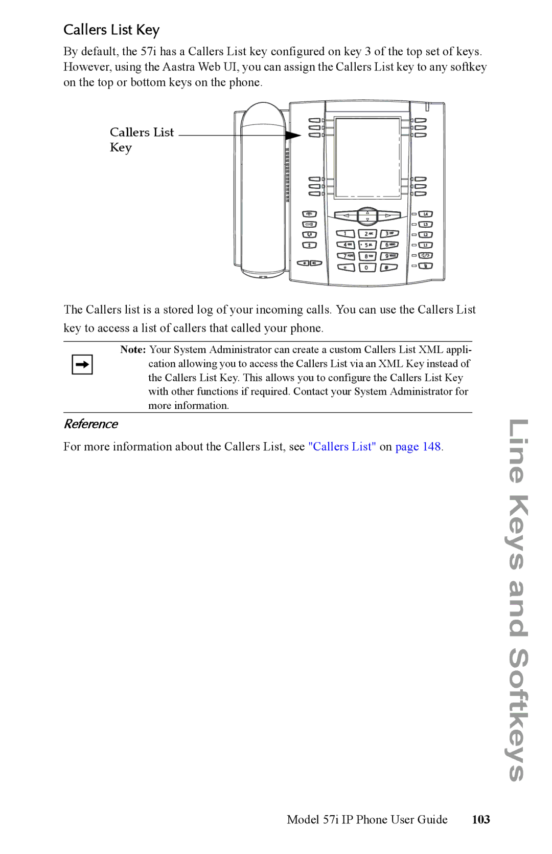 Aastra Telecom IP Phone manual Callers List Key, 103 