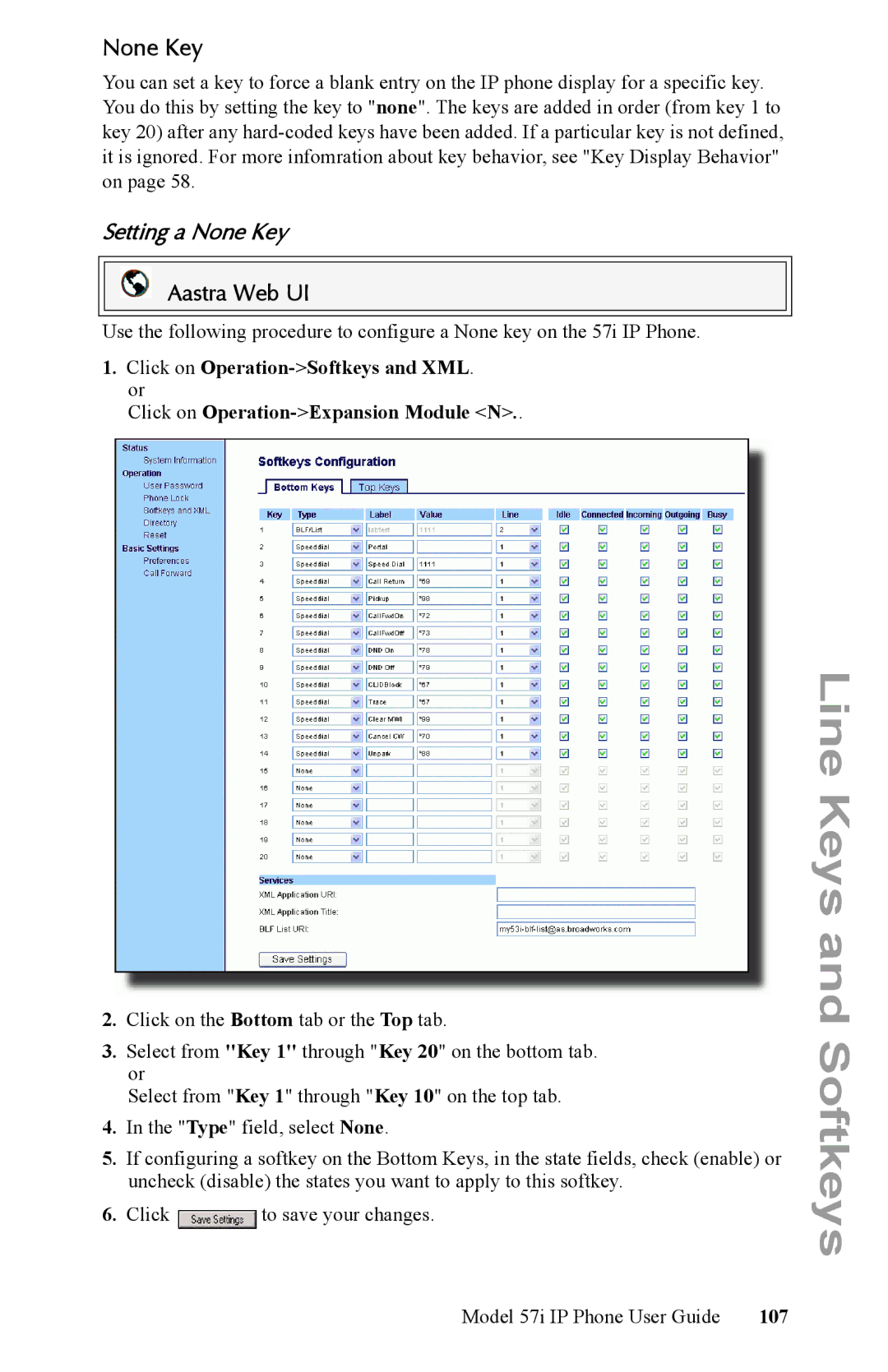 Aastra Telecom IP Phone manual Setting a None Key, 107 