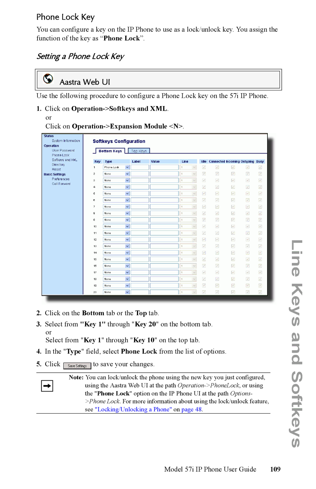 Aastra Telecom IP Phone manual Setting a Phone Lock Key, 109 