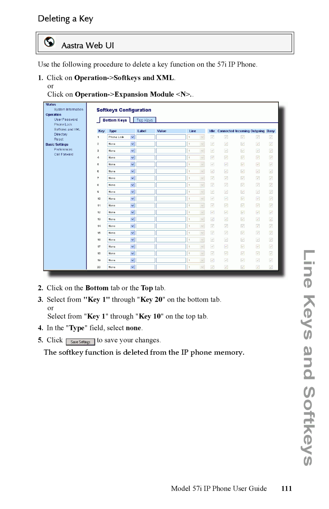 Aastra Telecom IP Phone manual Deleting a Key, Softkey function is deleted from the IP phone memory, 111 