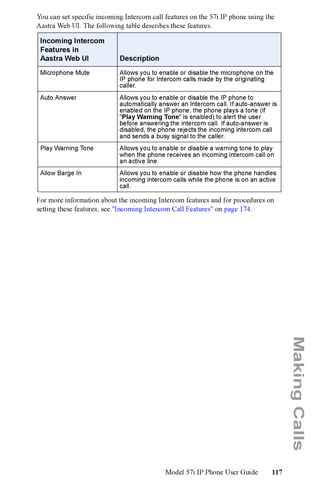 Aastra Telecom IP Phone manual Incoming Intercom Features Description Aastra Web UI, 117 