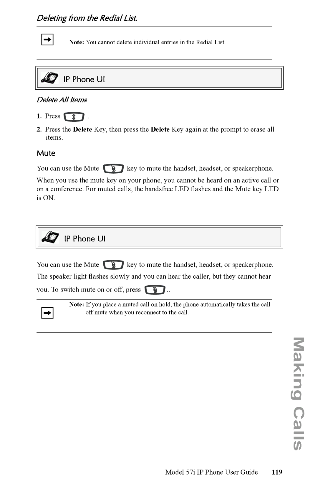 Aastra Telecom IP Phone manual Mute, Deleting from the Redial List, Delete All Items, 119 