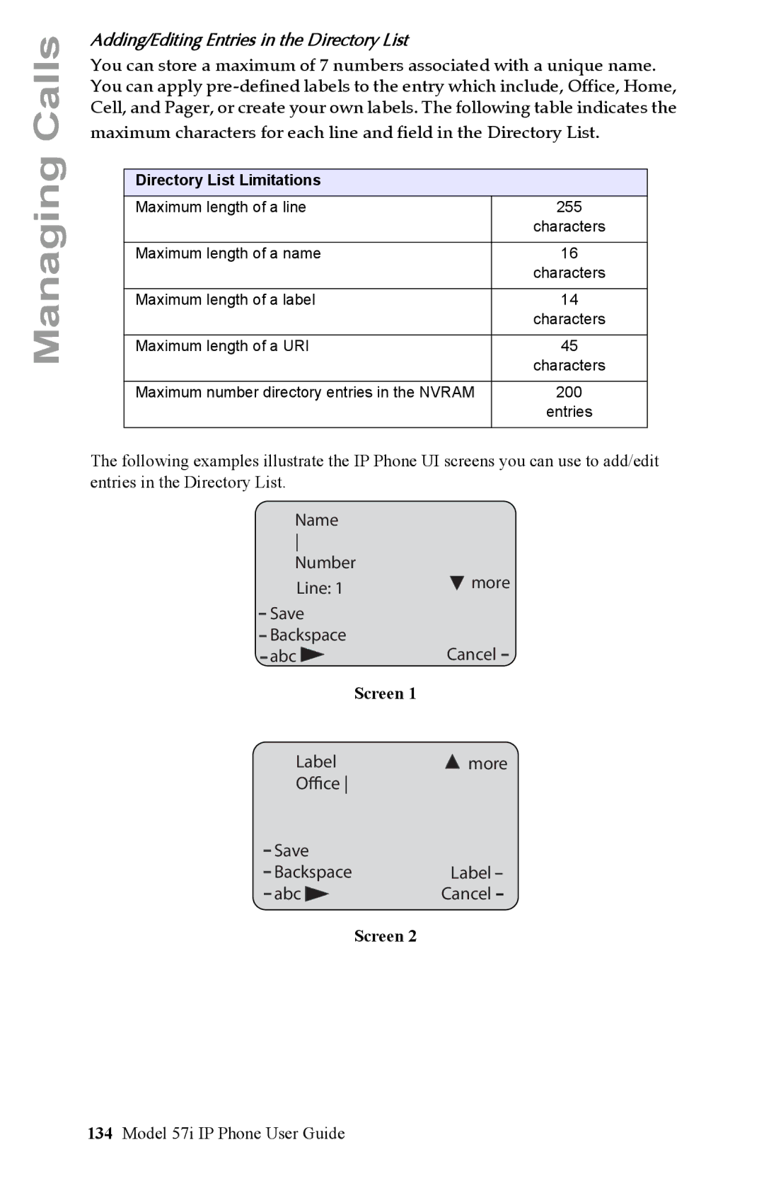 Aastra Telecom IP Phone manual Adding/Editing Entries in the Directory List, Name Number Line, Screen, Label 