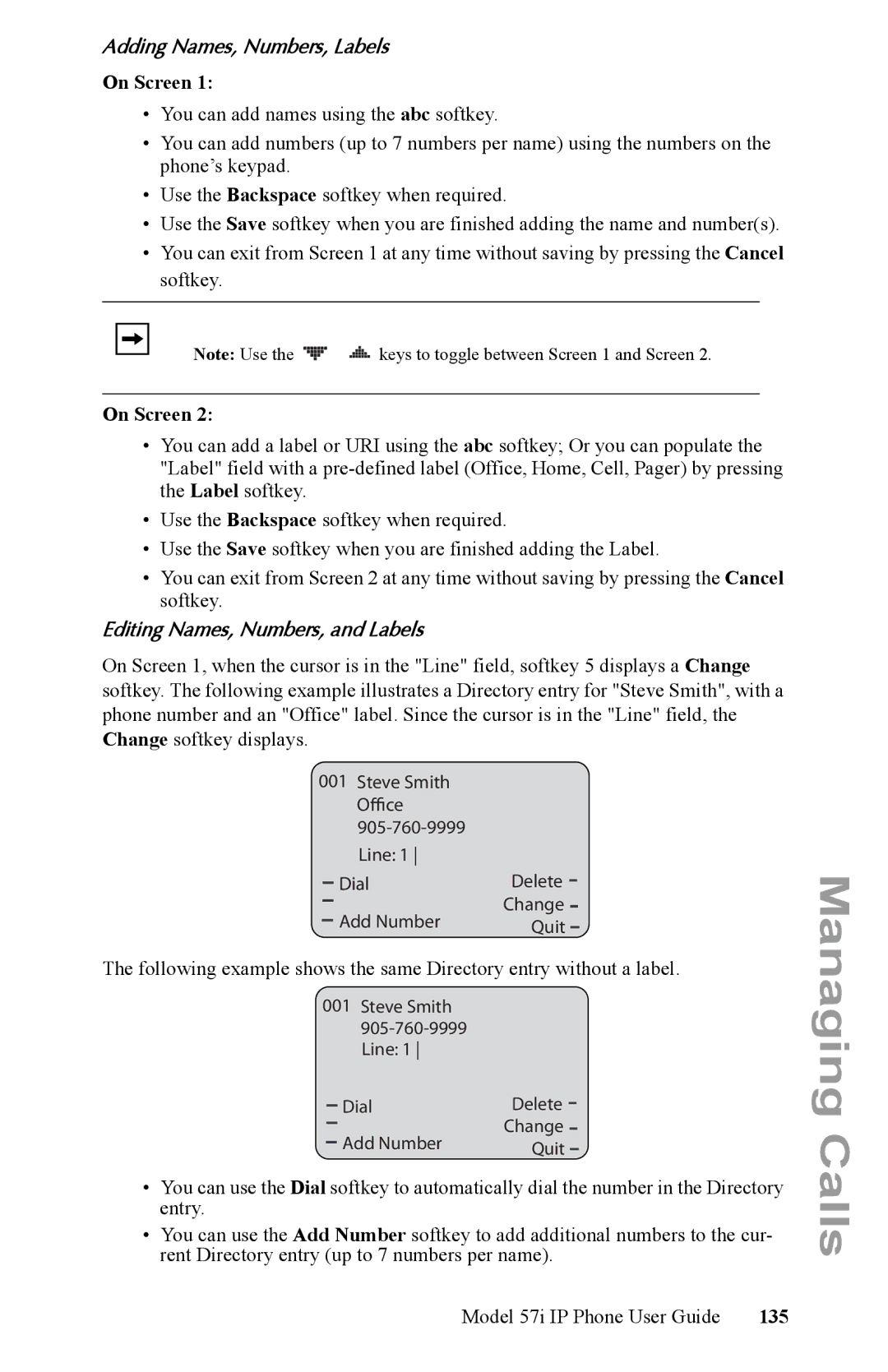 Aastra Telecom IP Phone manual Adding Names, Numbers, Labels, On Screen, Editing Names, Numbers, and Labels, 135 