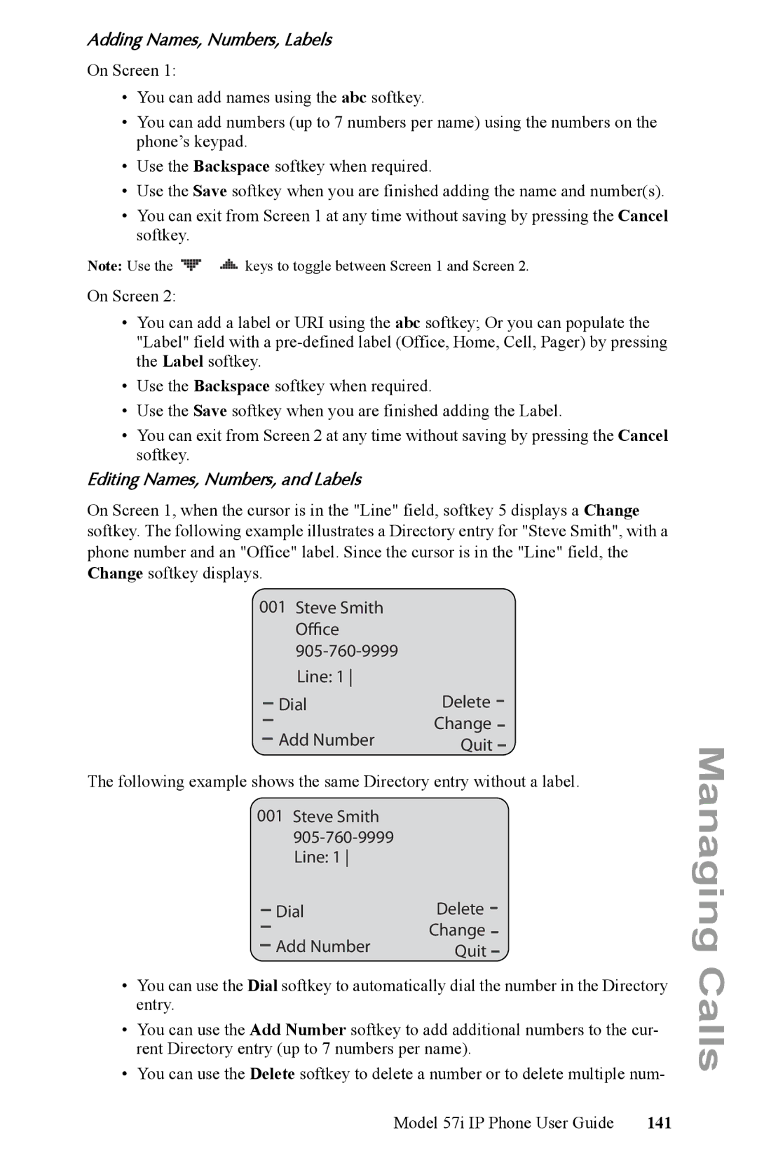 Aastra Telecom IP Phone manual Steve Smith Office, Dial Delete Add Number, 141 