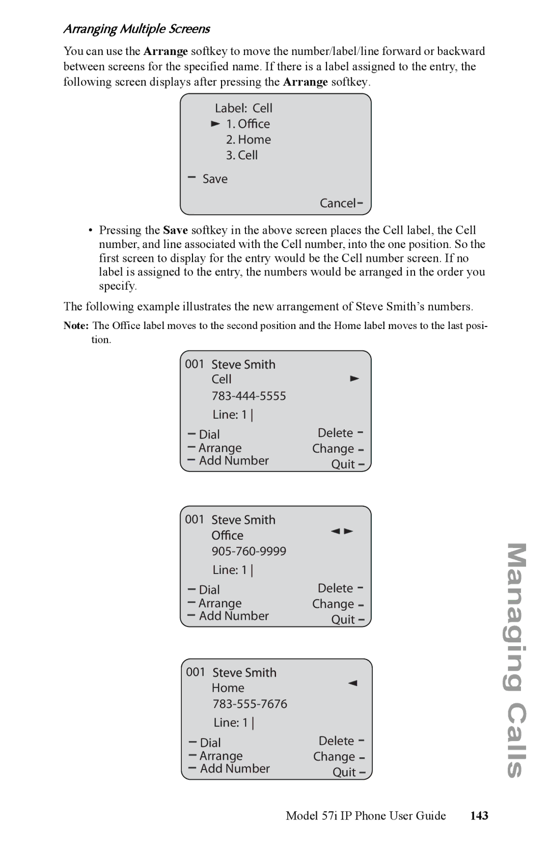 Aastra Telecom IP Phone manual Cell Line Dial Delete Arrange, Add Number Quit 001 Line Dial Delete Arrange, 143 