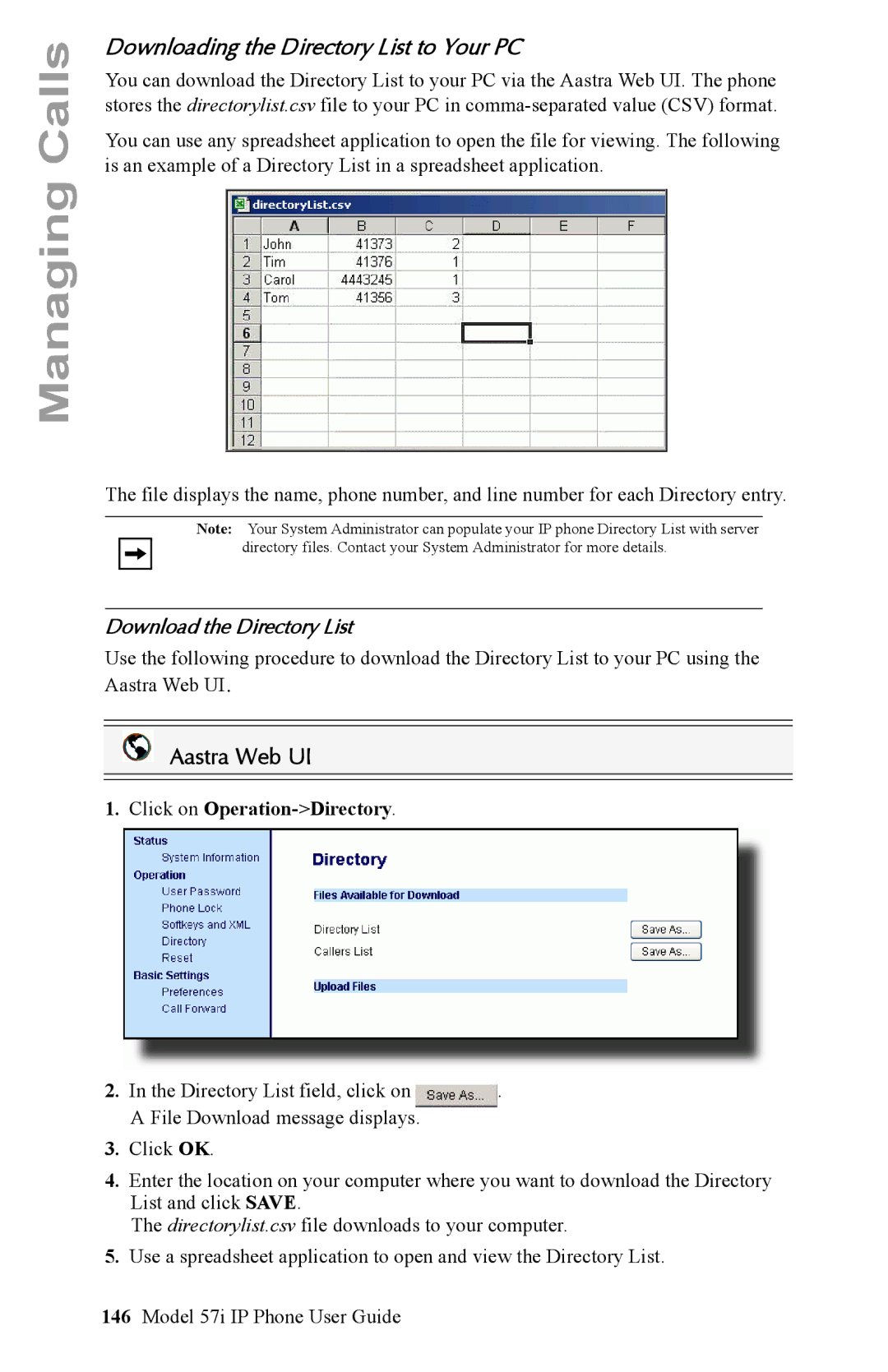 Aastra Telecom IP Phone manual Download the Directory List, Click on Operation-Directory 