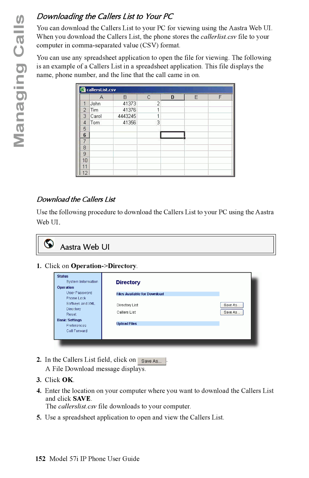 Aastra Telecom IP Phone manual Downloading the Callers List to Your PC, Download the Callers List 