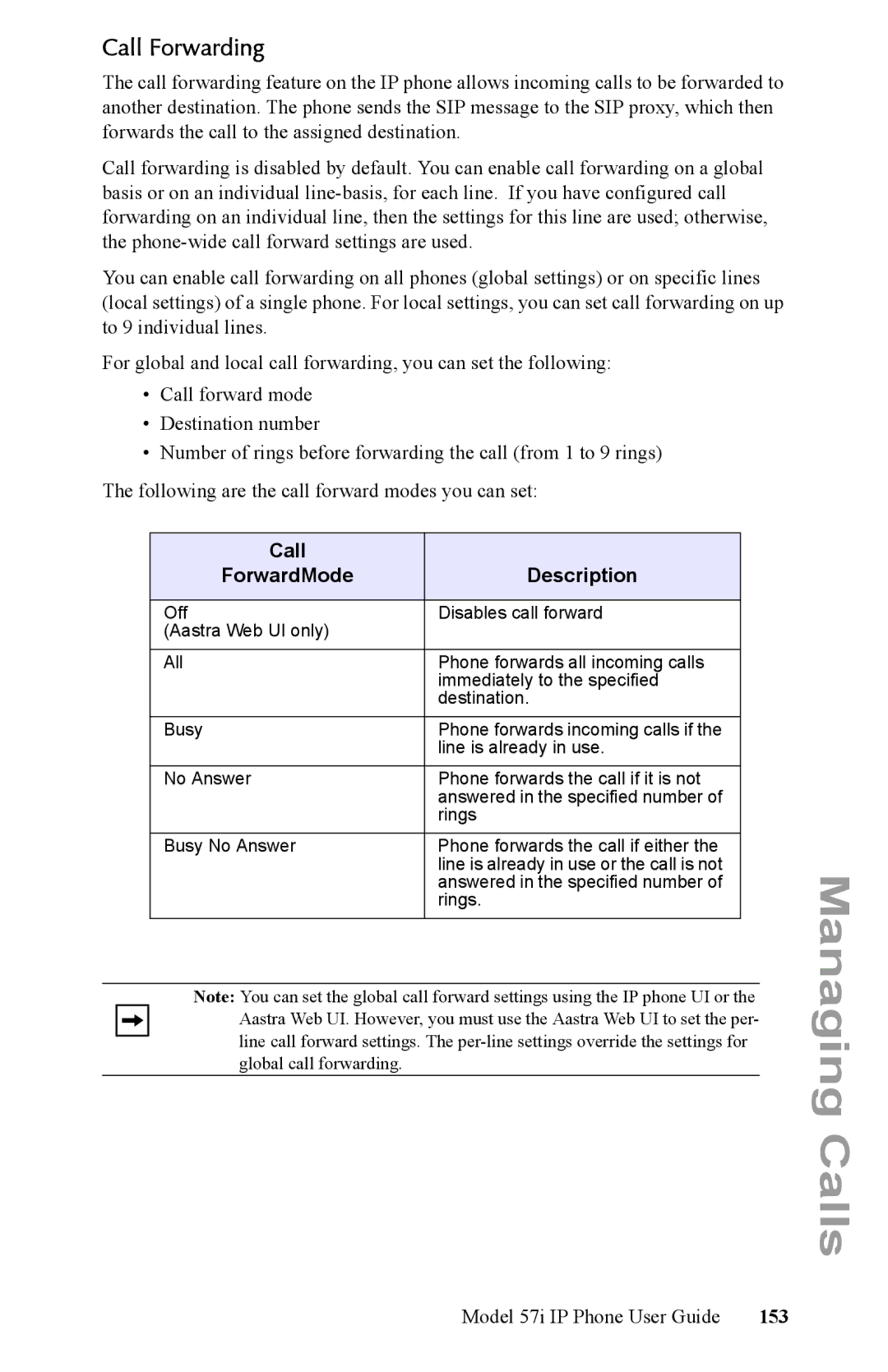 Aastra Telecom IP Phone manual Call Forwarding, Call Description ForwardMode, 153 