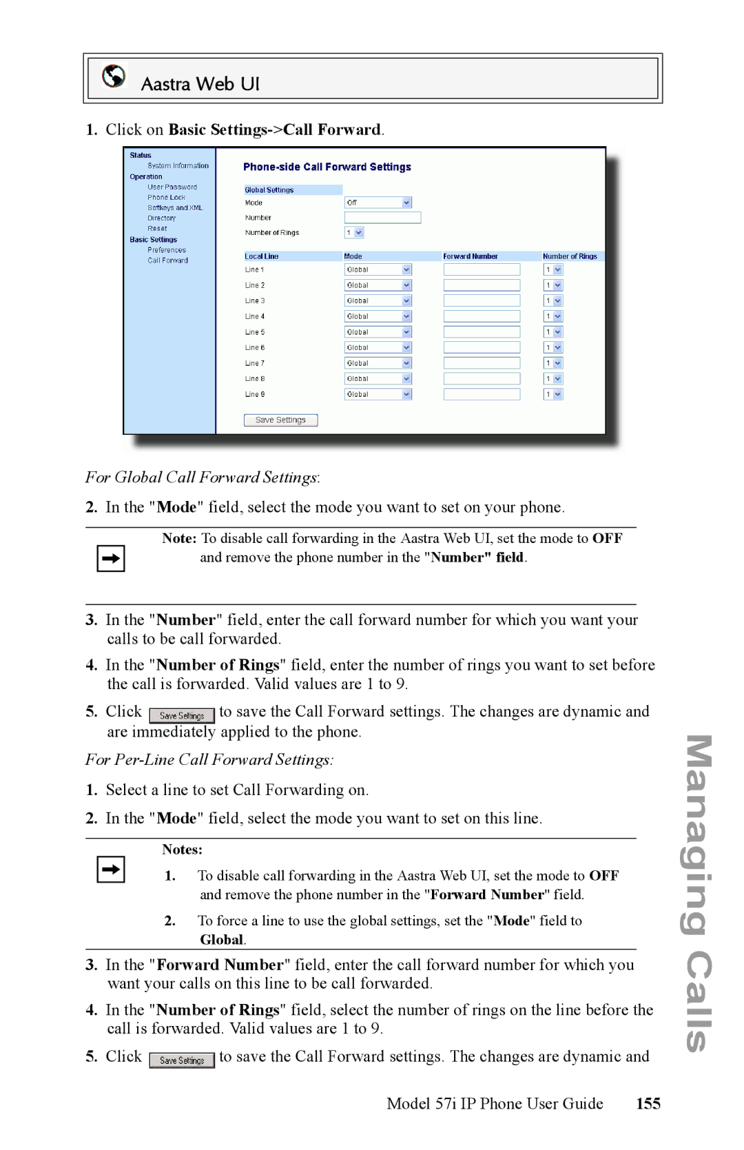 Aastra Telecom IP Phone manual Click on Basic Settings-Call Forward, 155 