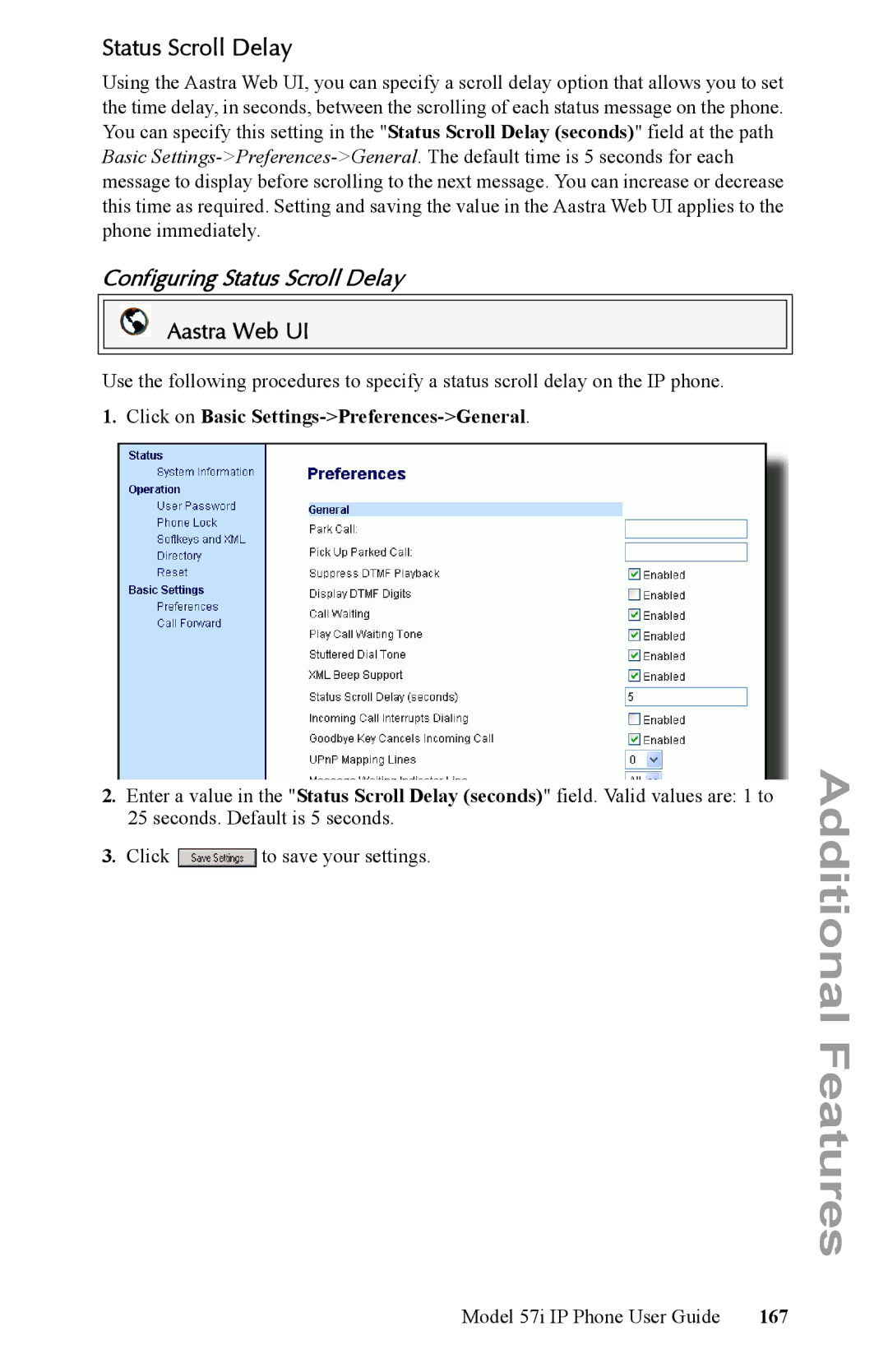 Aastra Telecom IP Phone manual Configuring Status Scroll Delay, 167 