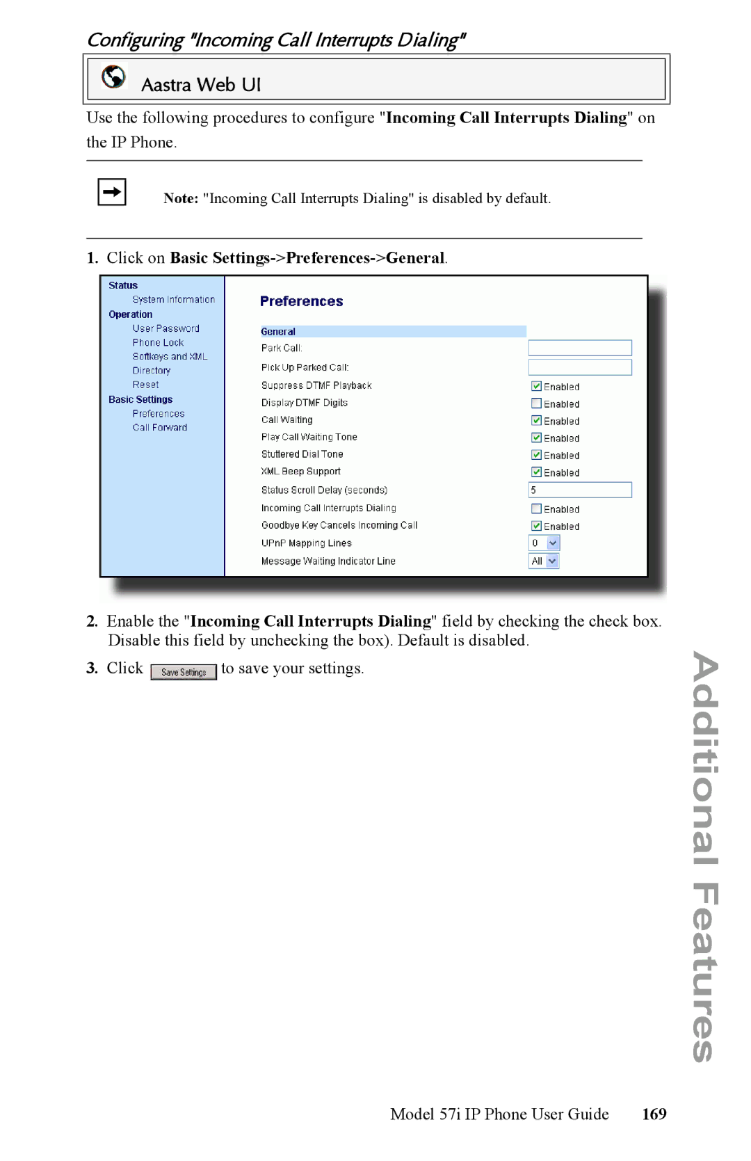 Aastra Telecom IP Phone manual Configuring Incoming Call Interrupts Dialing, 169 