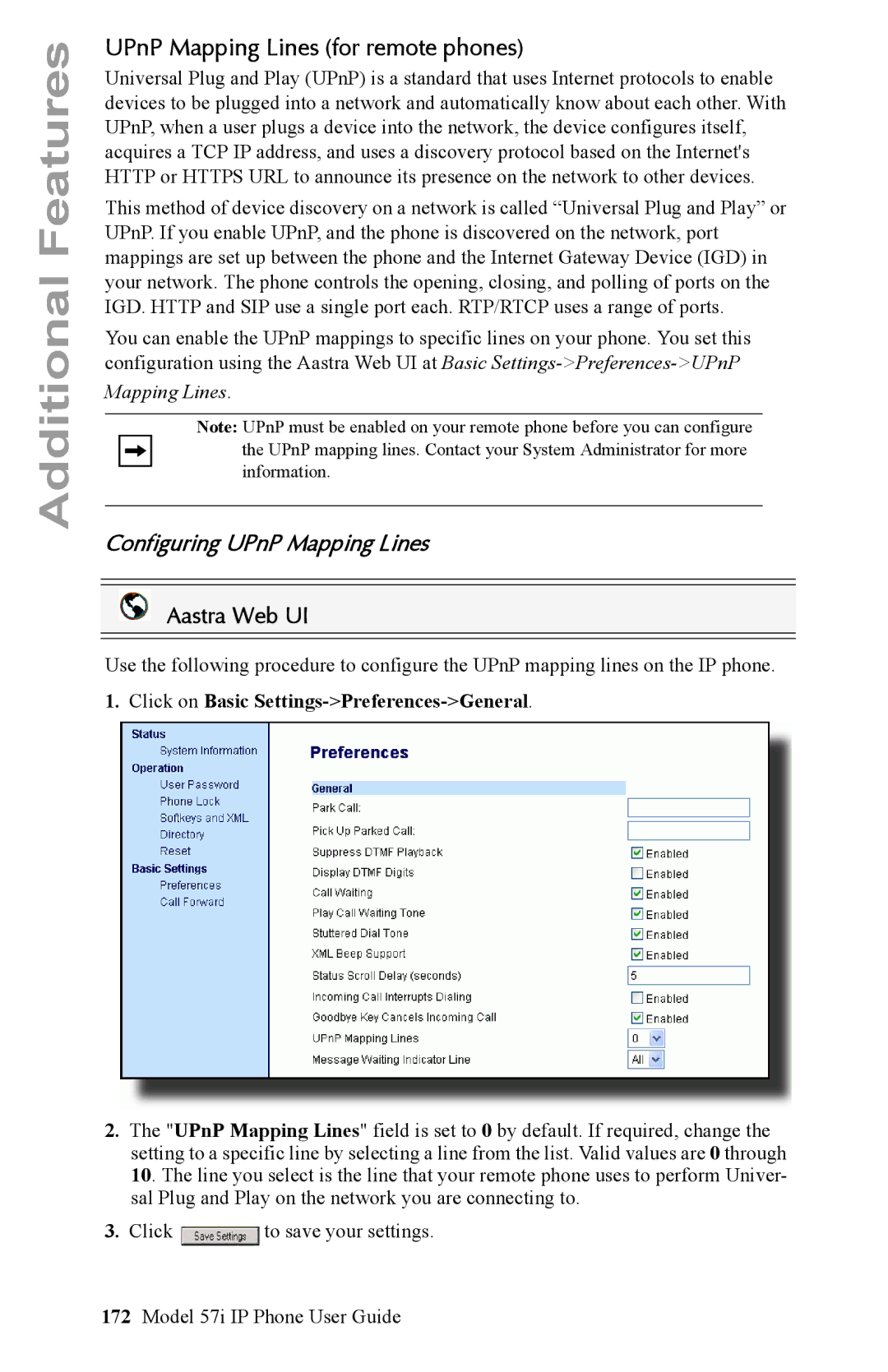 Aastra Telecom IP Phone manual UPnP Mapping Lines for remote phones, Configuring UPnP Mapping Lines 