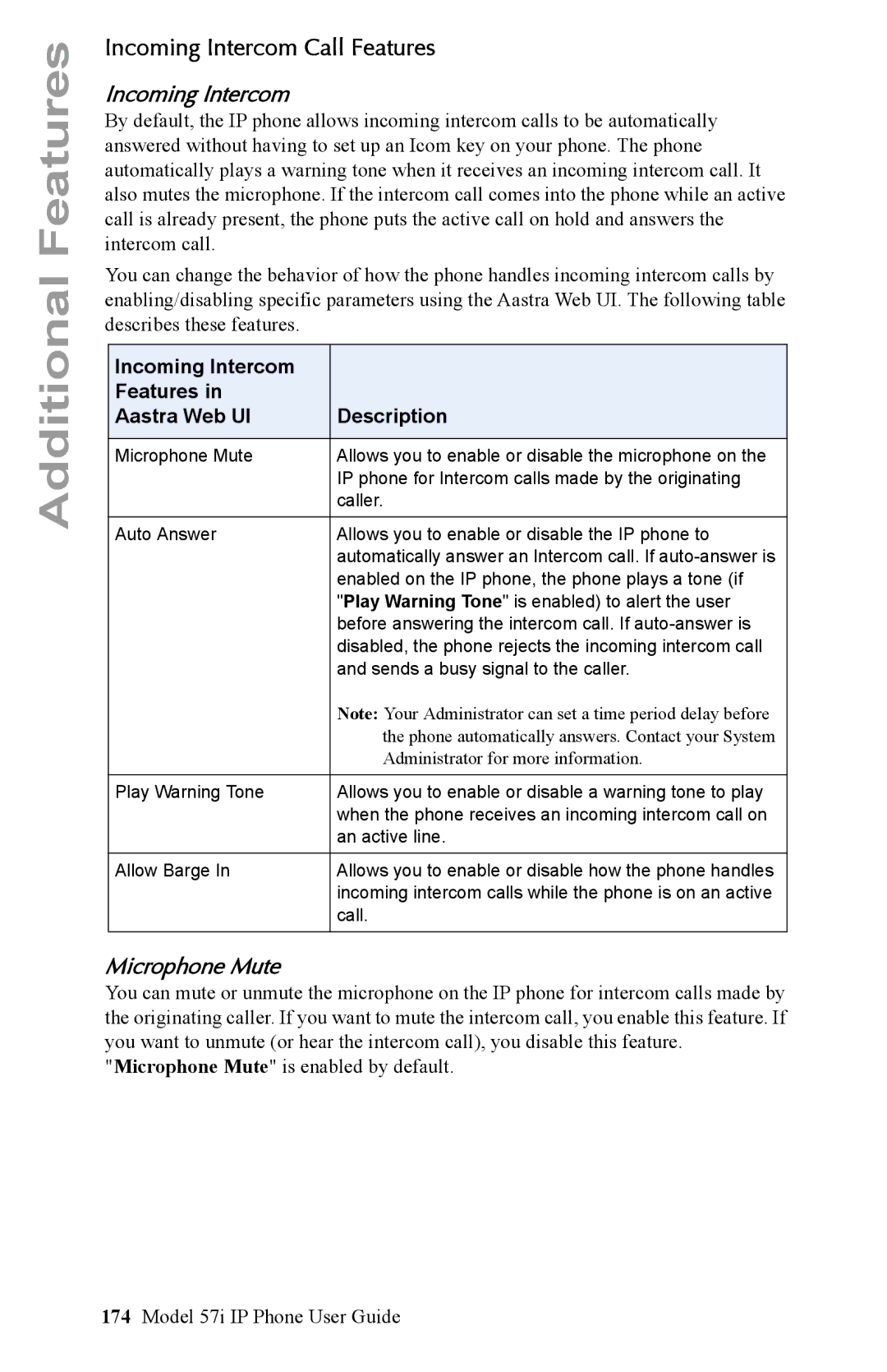 Aastra Telecom IP Phone manual Incoming Intercom Call Features, Microphone Mute 