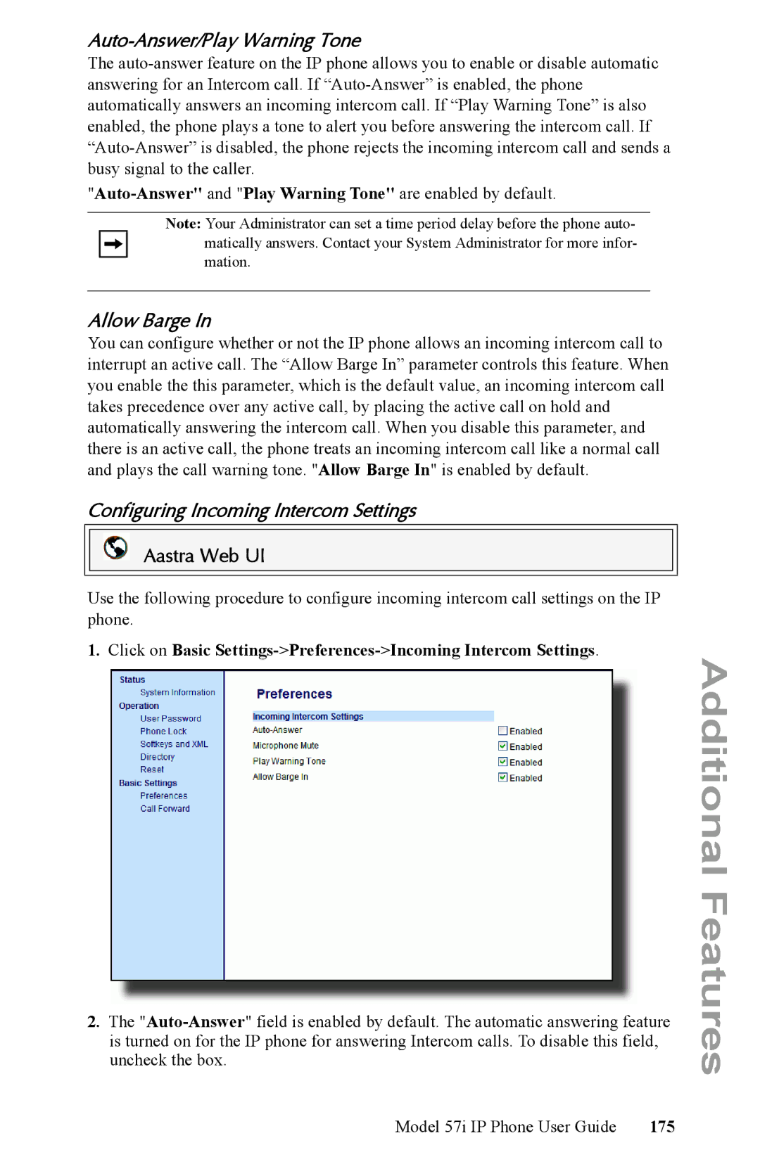 Aastra Telecom IP Phone manual Auto-Answer/Play Warning Tone, Allow Barge, Configuring Incoming Intercom Settings, 175 