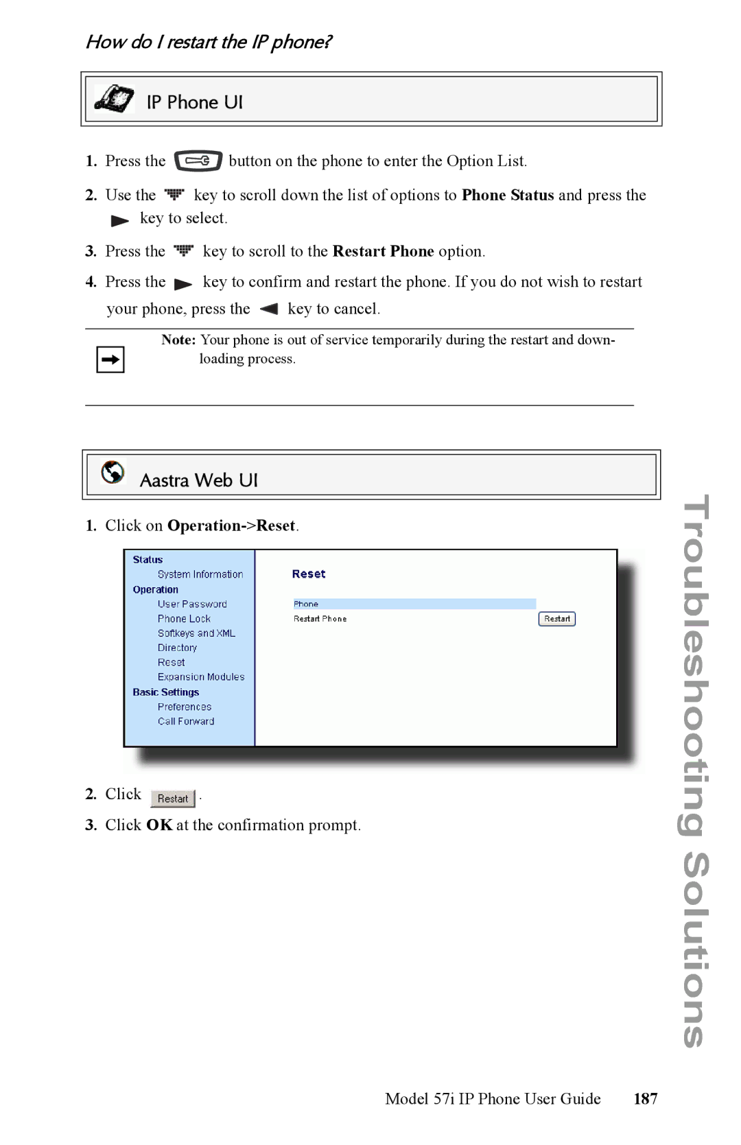 Aastra Telecom IP Phone manual How do I restart the IP phone?, 187 