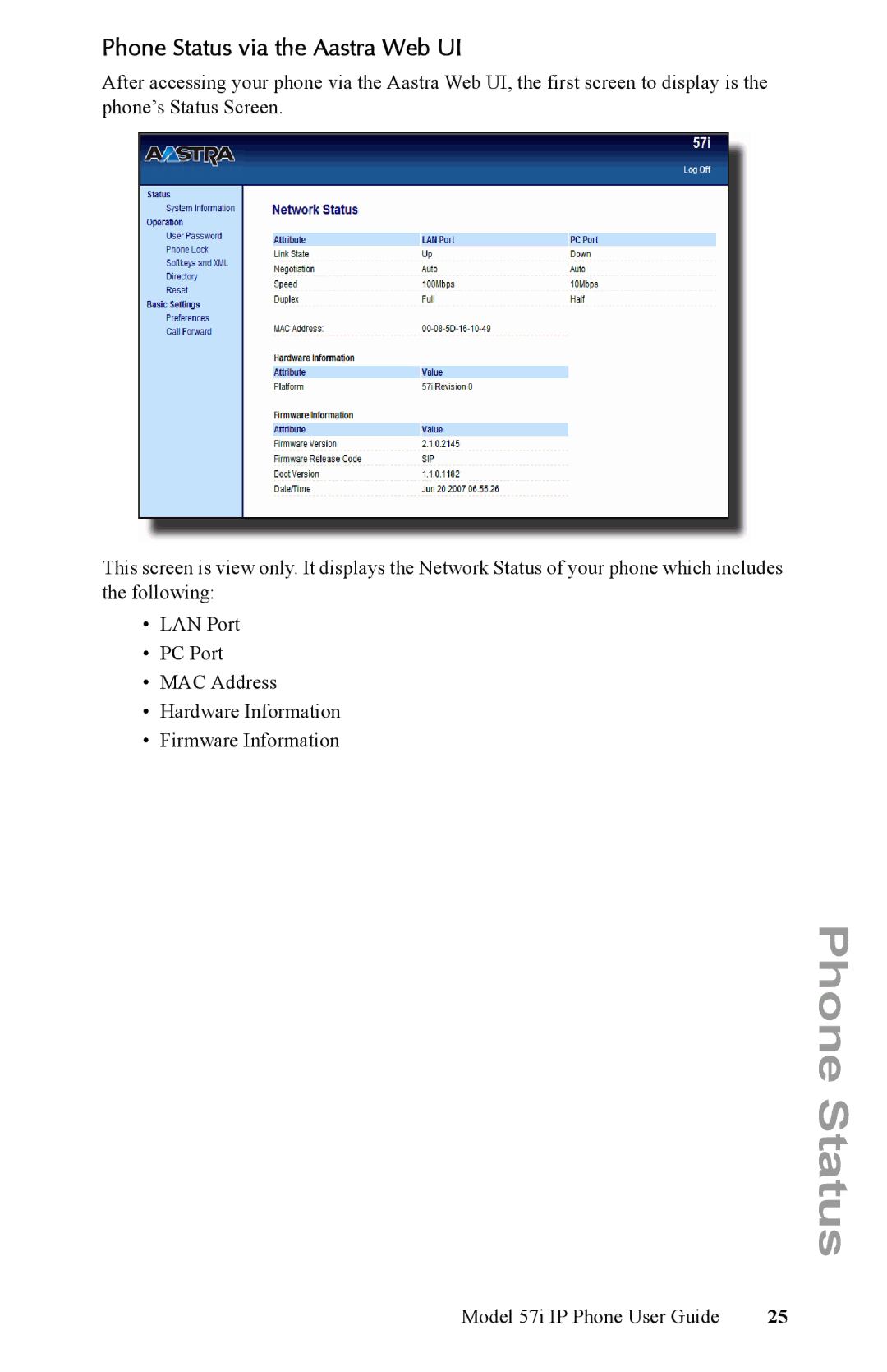 Aastra Telecom IP Phone manual Phone Status via the Aastra Web UI 