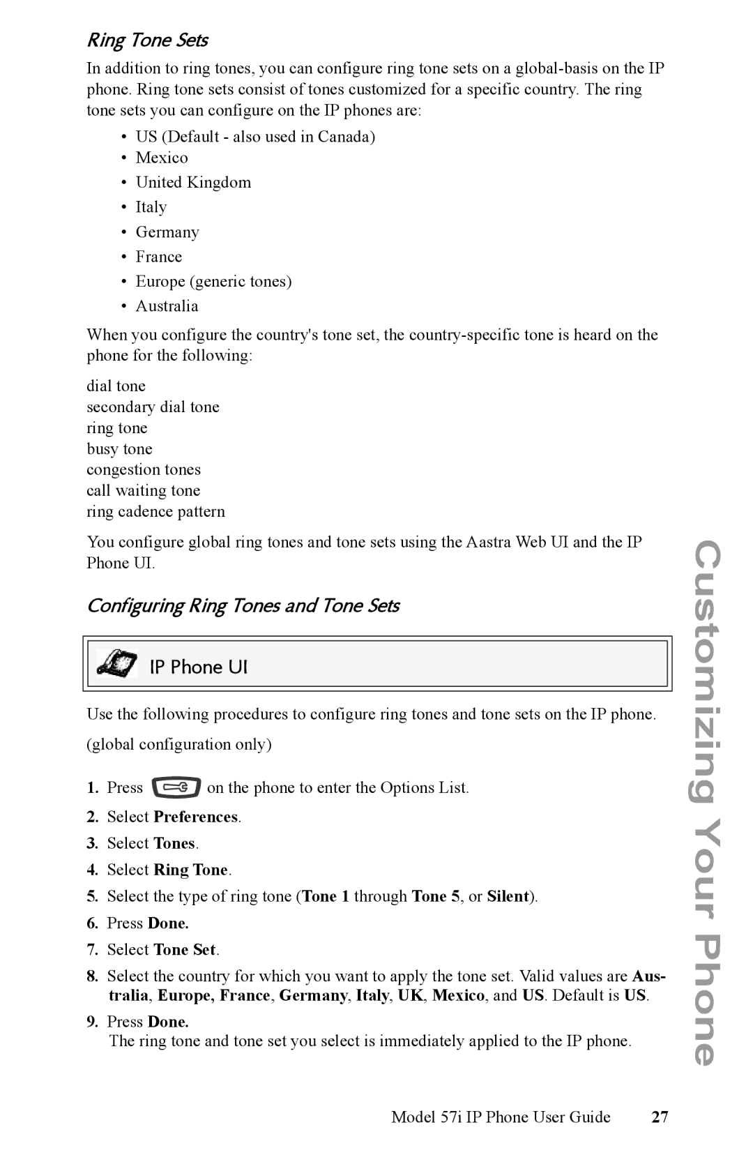 Aastra Telecom IP Phone manual Ring Tone Sets, Configuring Ring Tones and Tone Sets, Select Preferences, Select Ring Tone 