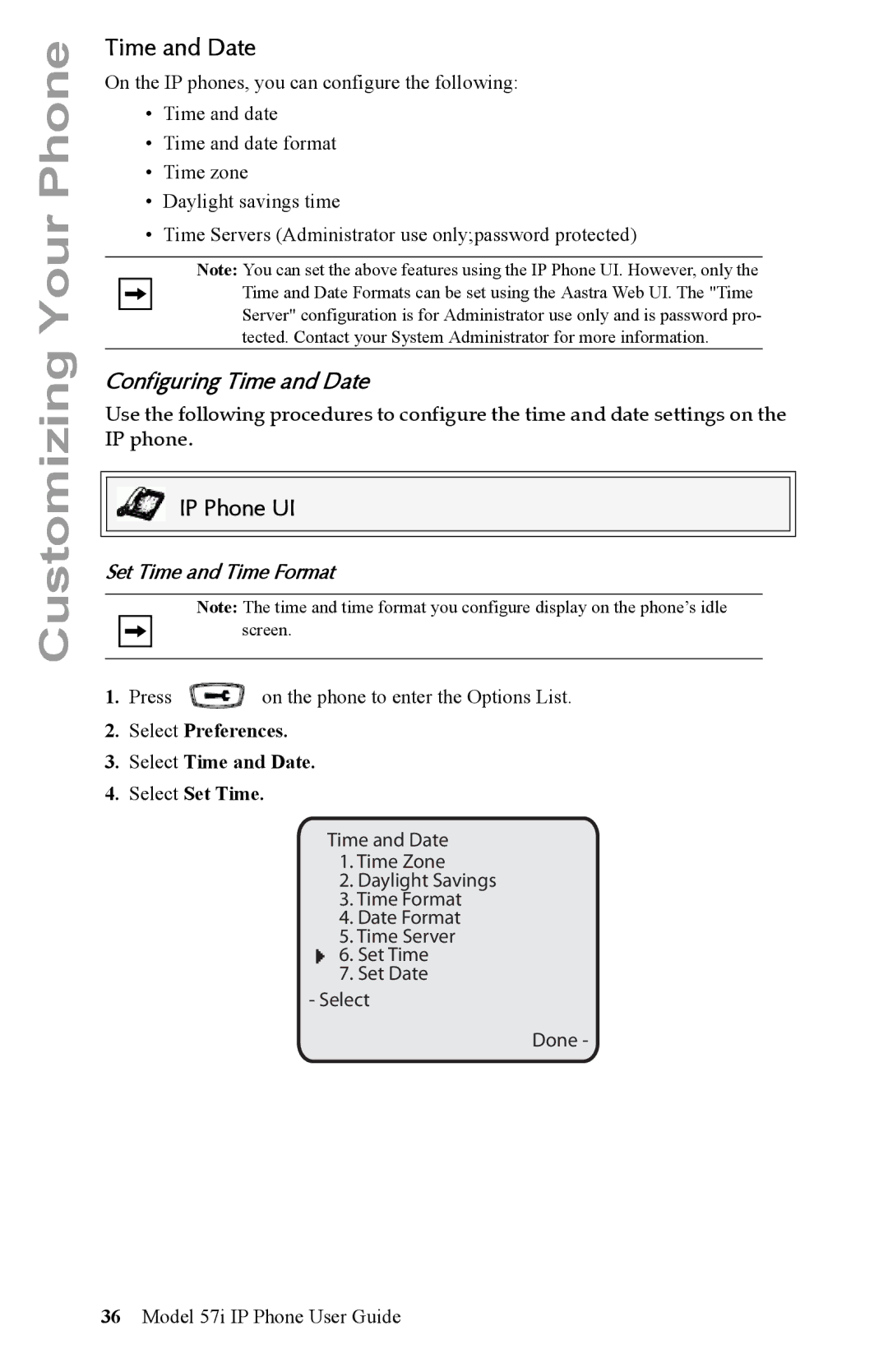 Aastra Telecom IP Phone manual Configuring Time and Date, Set Time and Time Format 