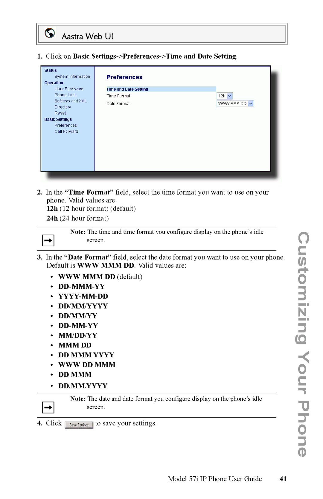 Aastra Telecom IP Phone manual Click on Basic Settings-Preferences-Time and Date Setting, WWW MMM DD default 