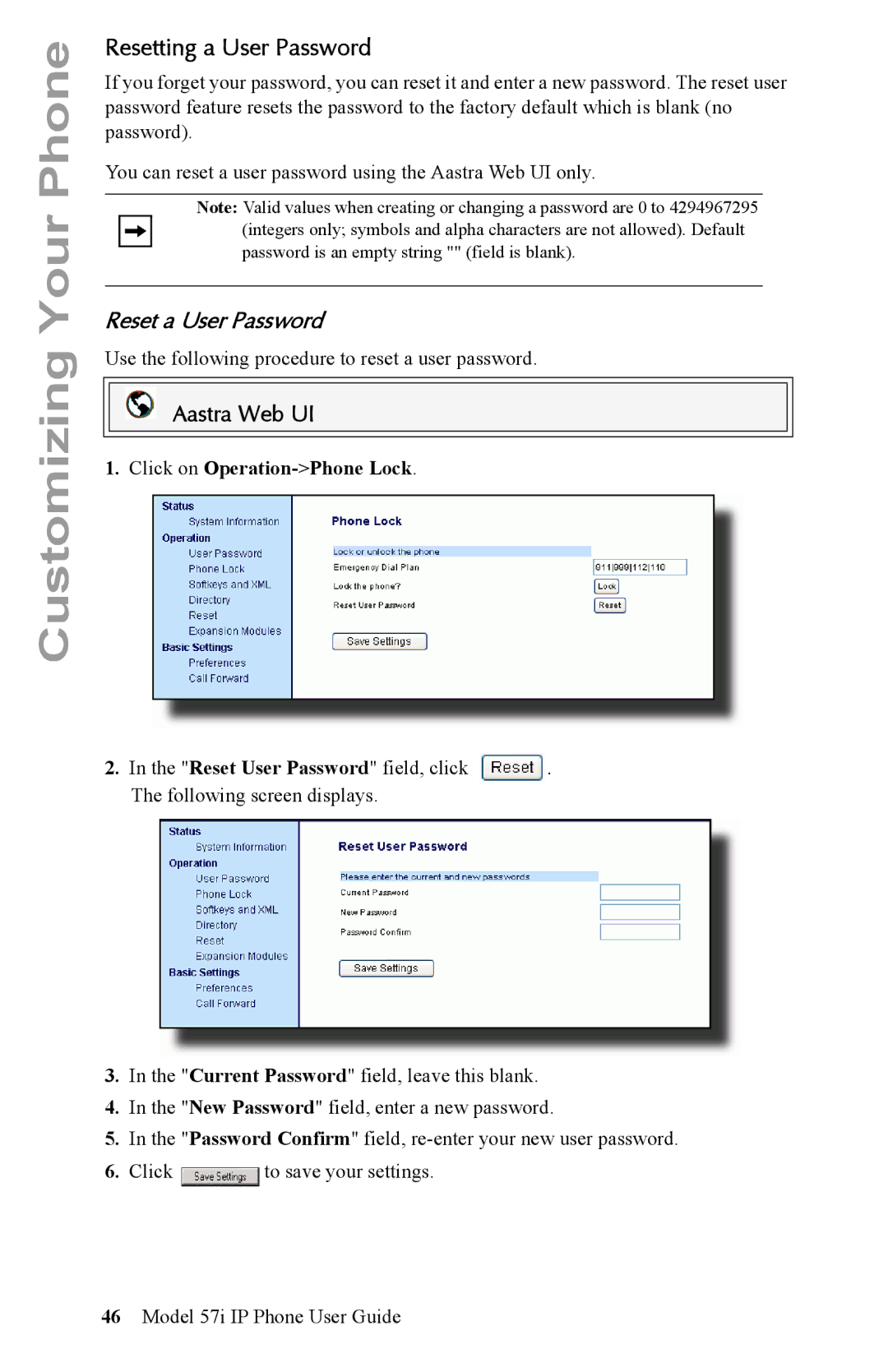 Aastra Telecom IP Phone manual Resetting a User Password, Reset a User Password, Click on Operation-Phone Lock 