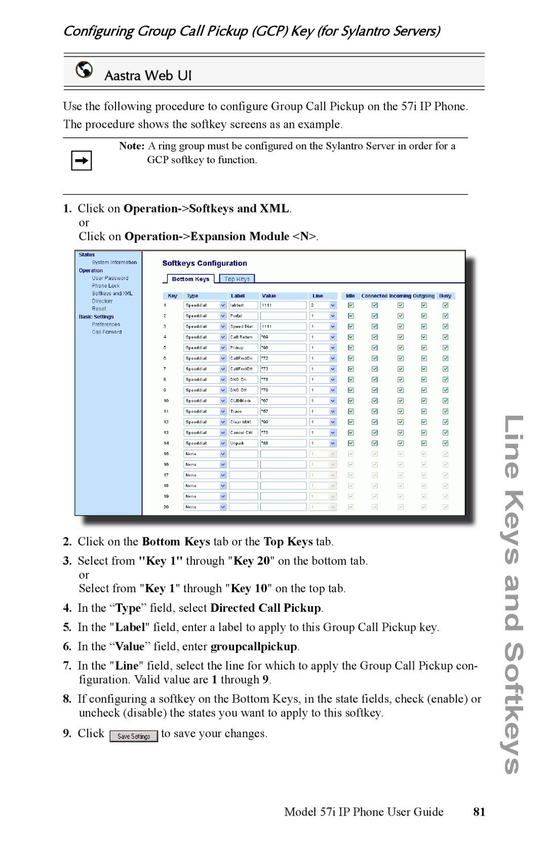 Aastra Telecom IP Phone manual Configuring Group Call Pickup GCP Key for Sylantro Servers 