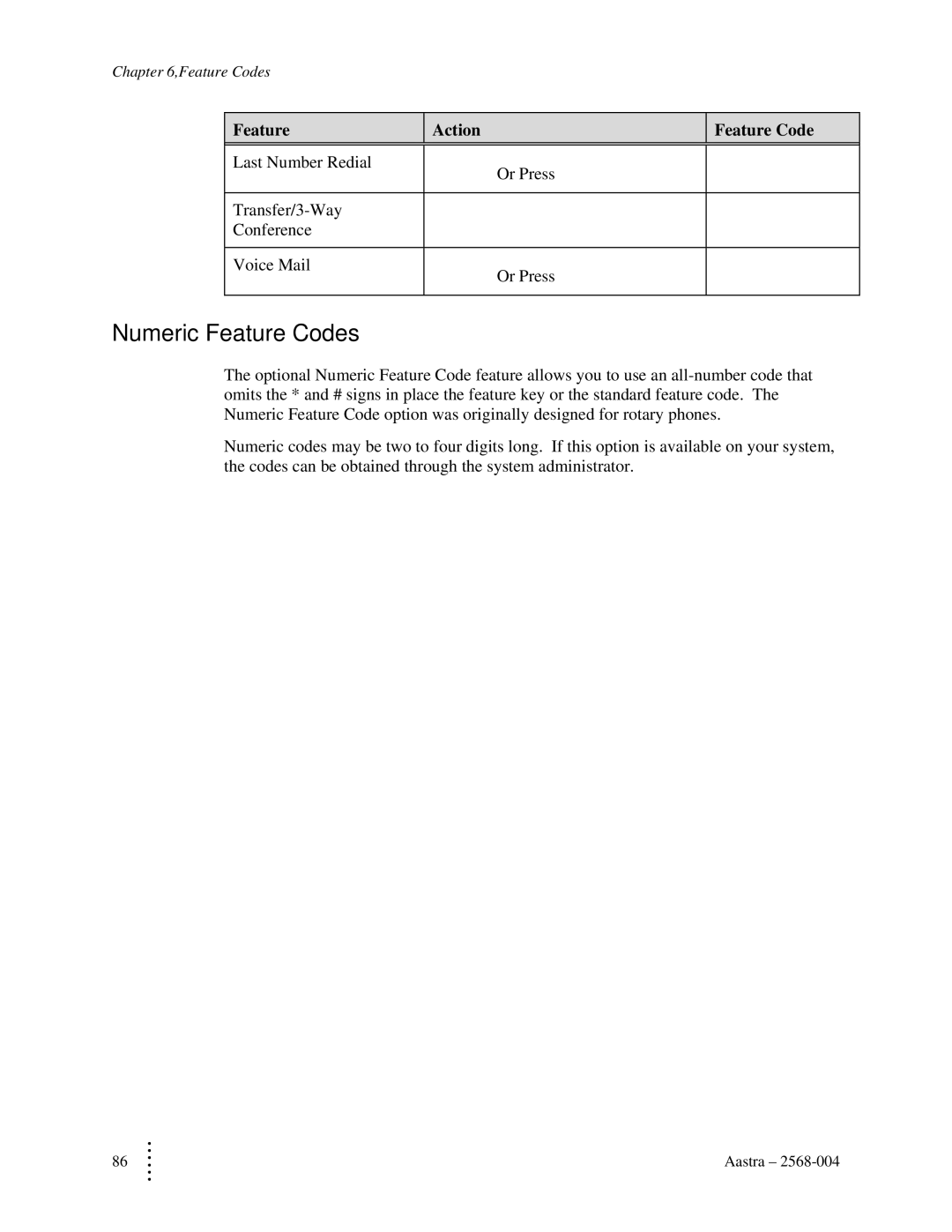 Aastra Telecom ITE-760 manual Numeric Feature Codes 