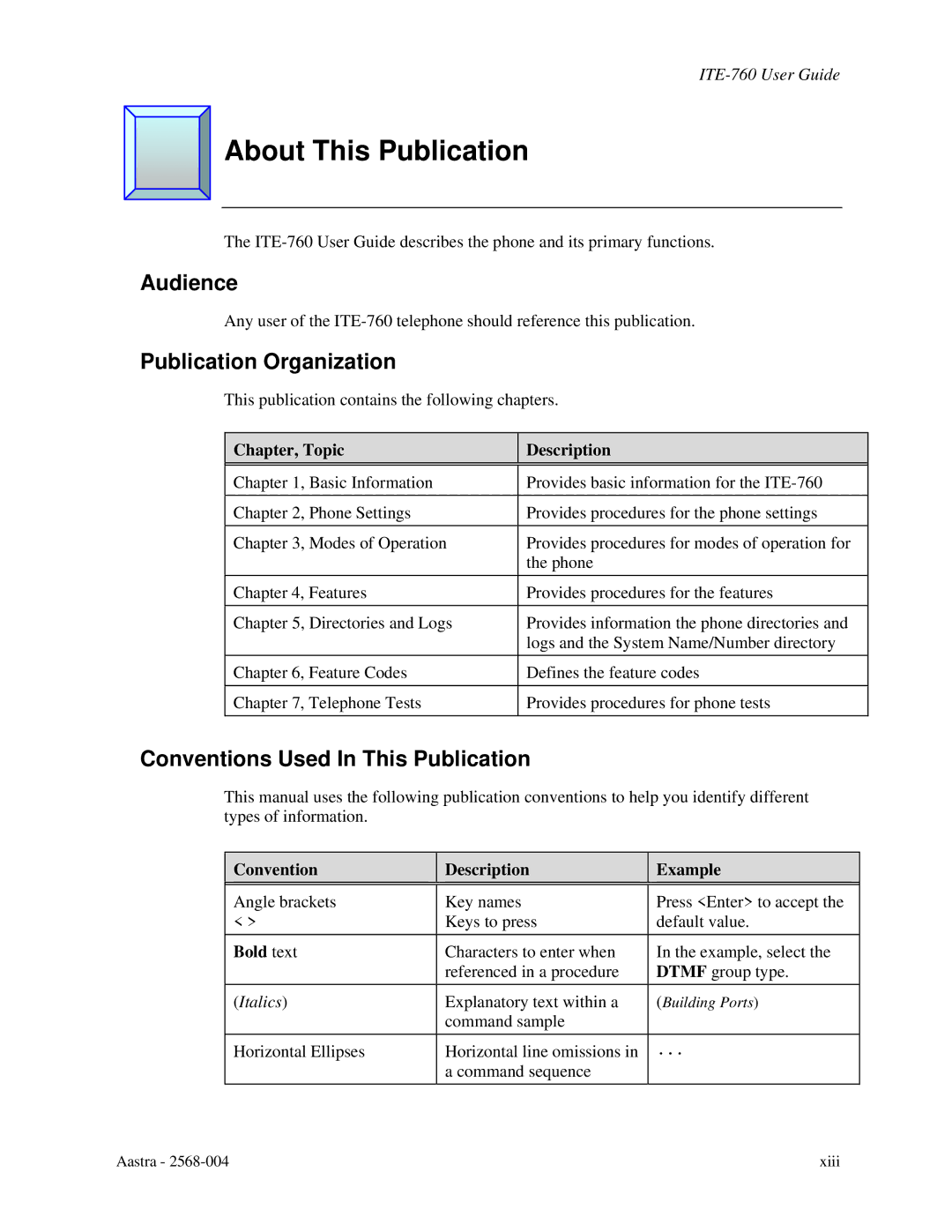 Aastra Telecom ITE-760 About This Publication, Audience, Publication Organization, Conventions Used In This Publication 